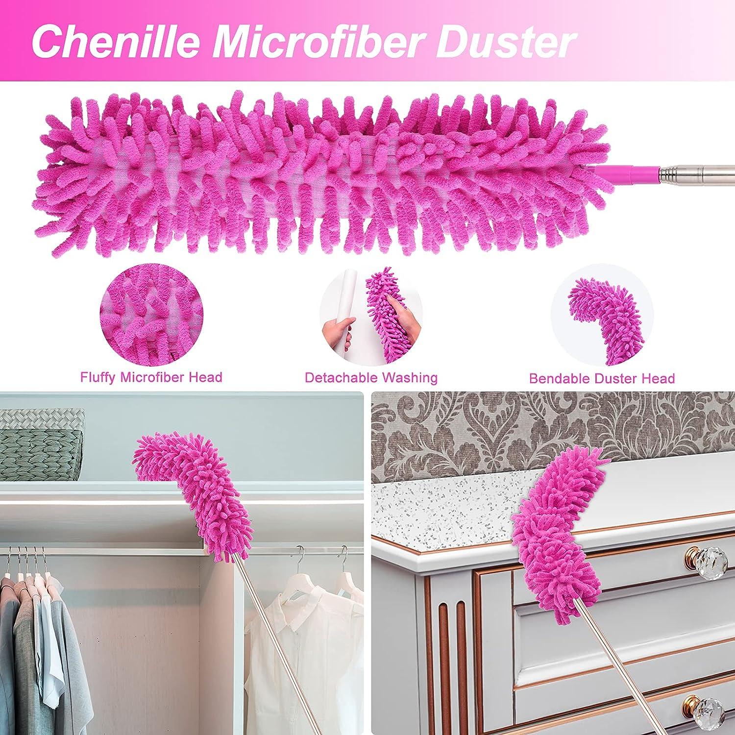 Dusters for Cleaning,6 PCS Feather Duster Microfiber Duster with 100''  Stainless Steel Extension Pole, Bendable & Washable Telescopic Cobweb  Duster