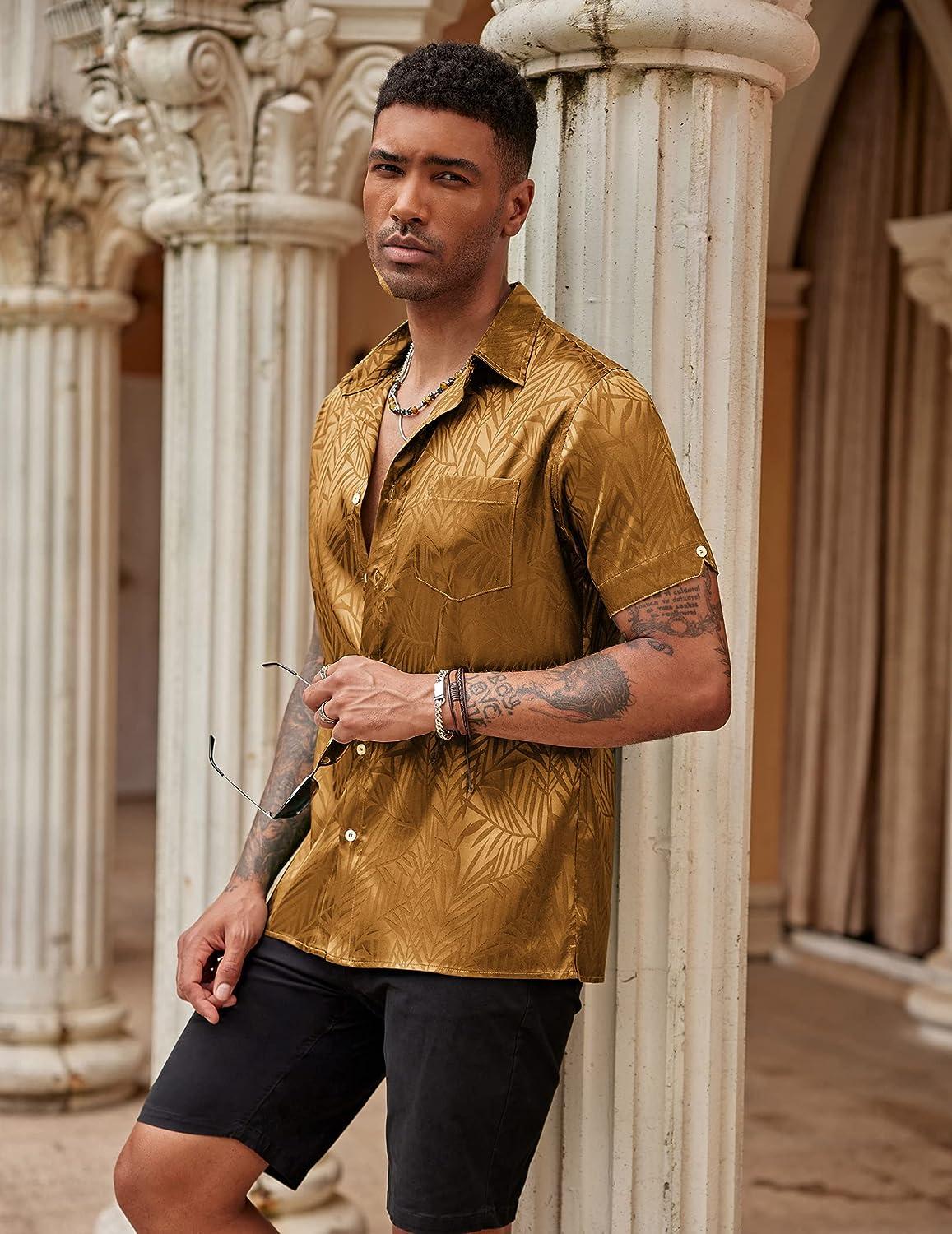 COOFANDY Men's Summer Shirts Short Sleeve Silk Satin Jacquard