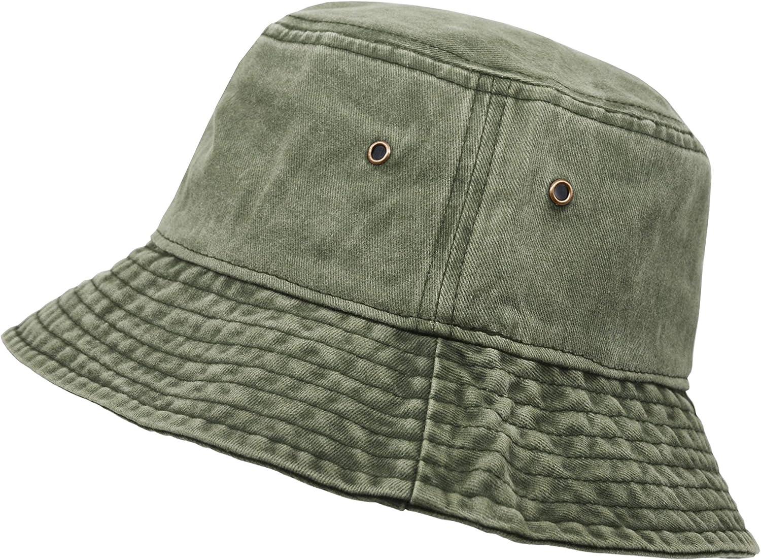 Bucket Hat, Wide Brim Washed Denim Cotton Outdoor Sun Hat Flat Top Cap for  Fishing Hiking Beach Sports Army Green