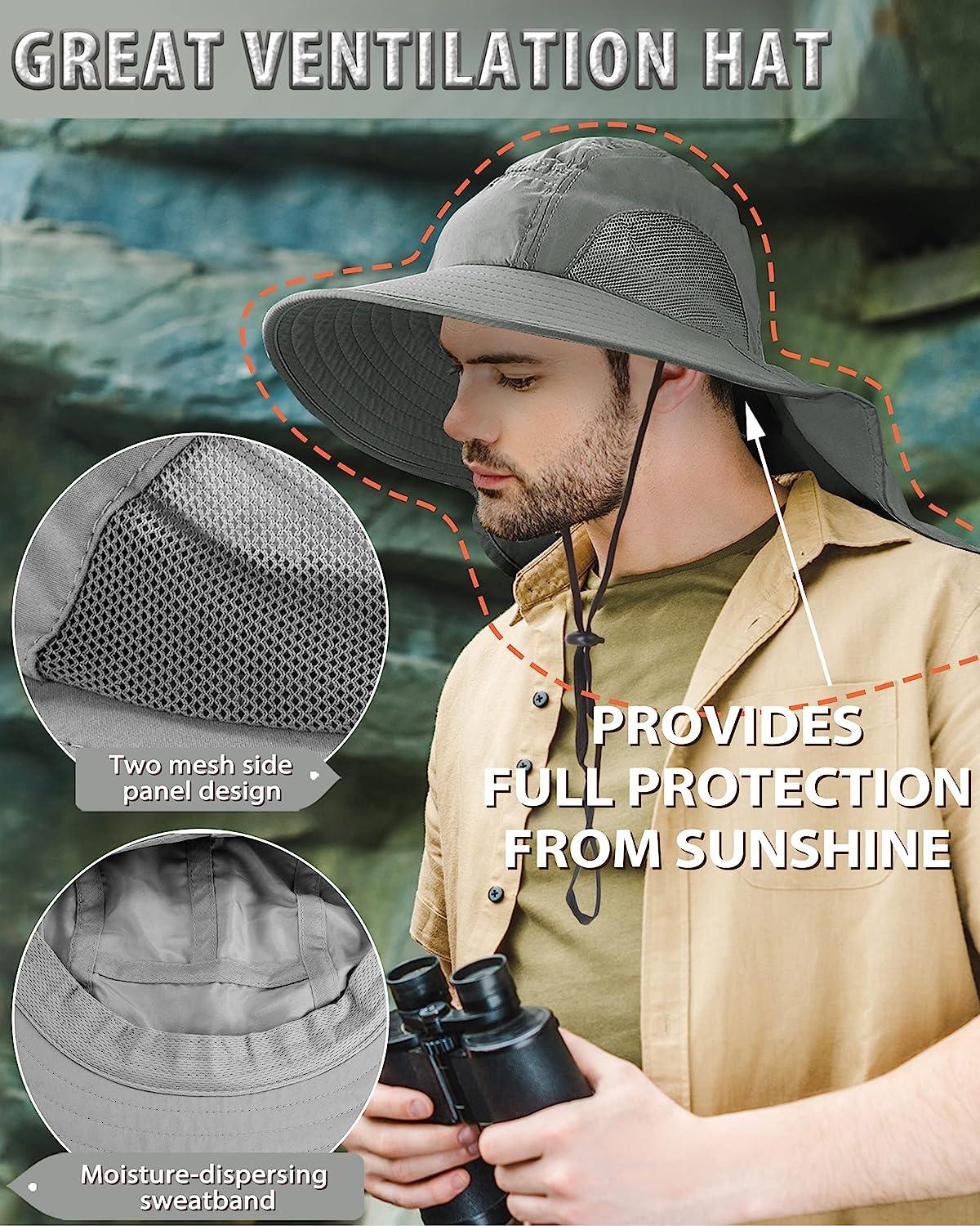 Mens Wide Brim Sun Hat with Neck Flap Fishing Safari Cap for Outdoor Hiking  Camping Gardening Lawn Field Work #Grey One Size