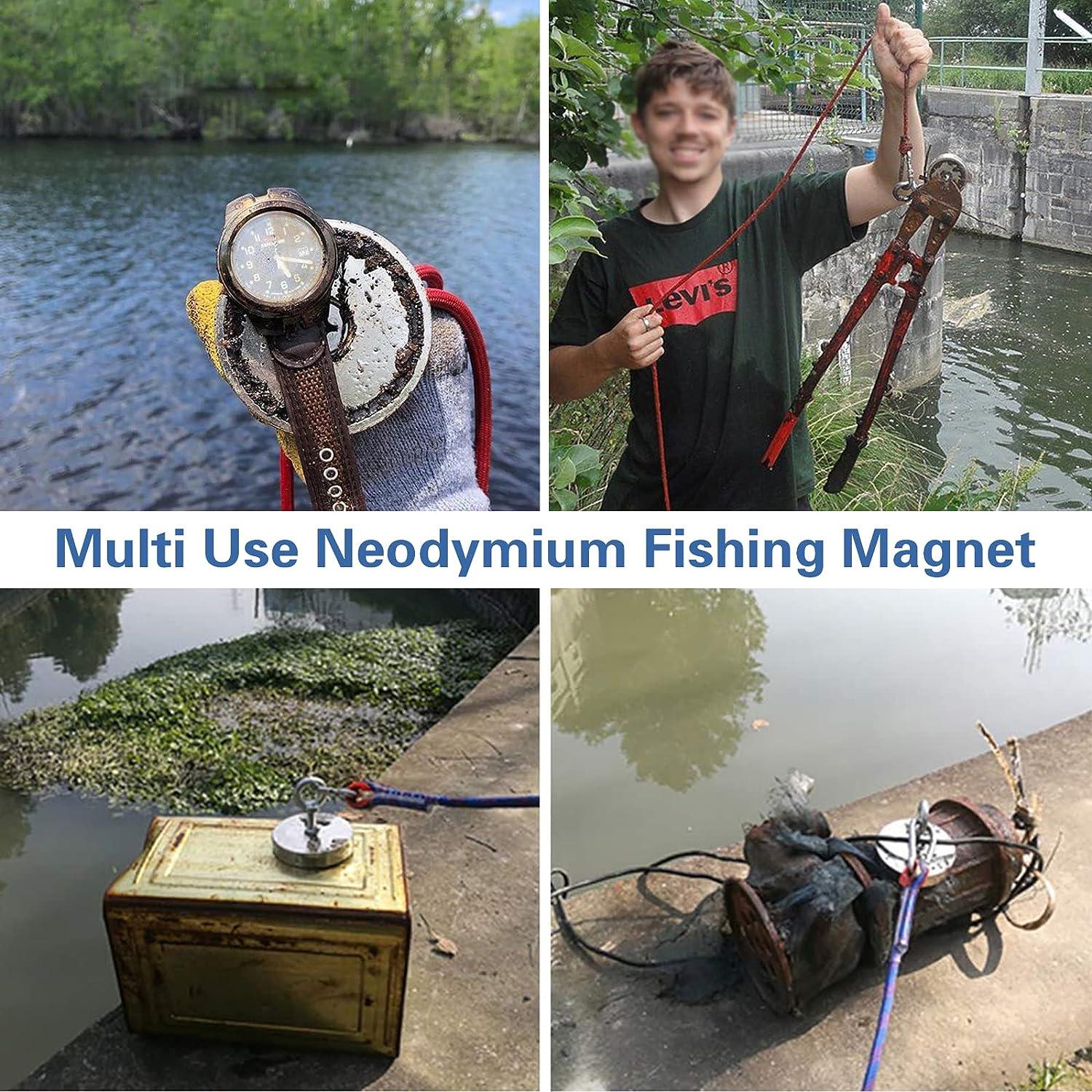 MIKEDE Double Sided Fishing Magnets Kits, 1700lbs Strong Rare Earth Magnets Fishing  Large 3.7 inches Diameter Disc Magnetic Fishing Kit with high Strength  Polyester Rope and Protective Gloves 94mm - 1700 lbs