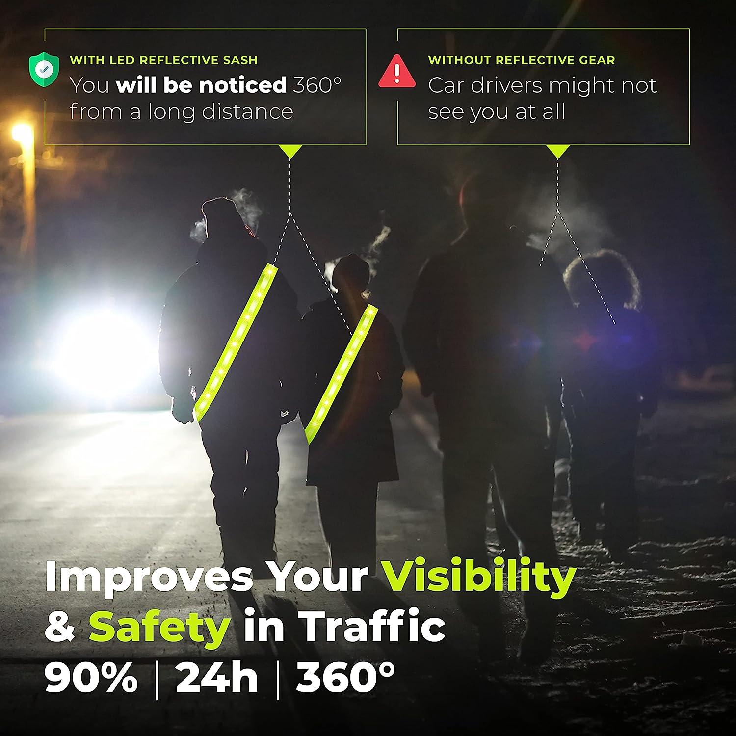NordicFlows LED Reflective Sash, Rechargeable Led Reflective Lighted Vest  for Walking in The Dark, Night Dog Walking Gear, Fluorescent Yellow Reflector  Vests, Reflective Running Gear for Dog Walking
