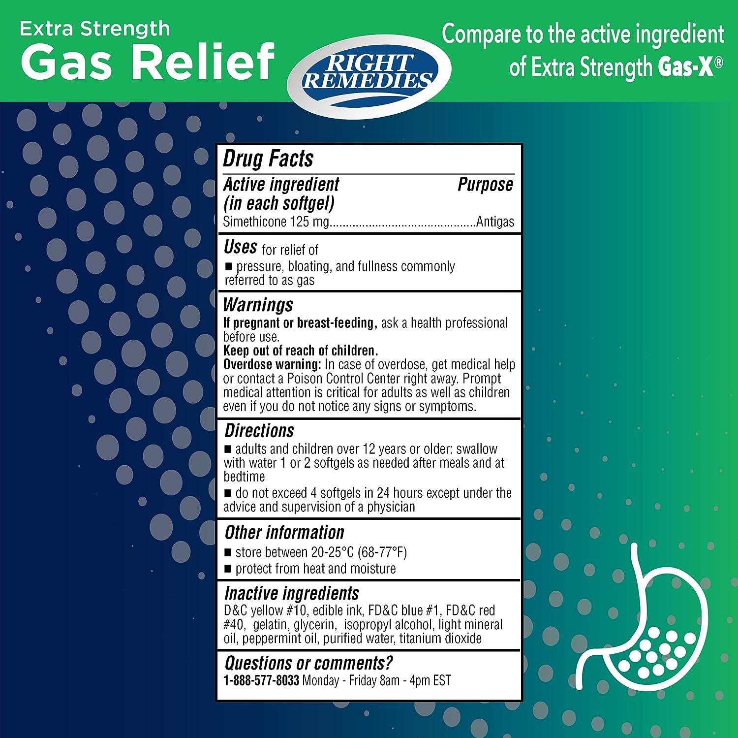 RIGHT REMEDIES Gas Relief Simethicone 125 mg (365 Softgels) Fast Relief  from Gas Bloating Fullness Painful discomfort Compare to Gas-X Extra  Strength Active Ingredient