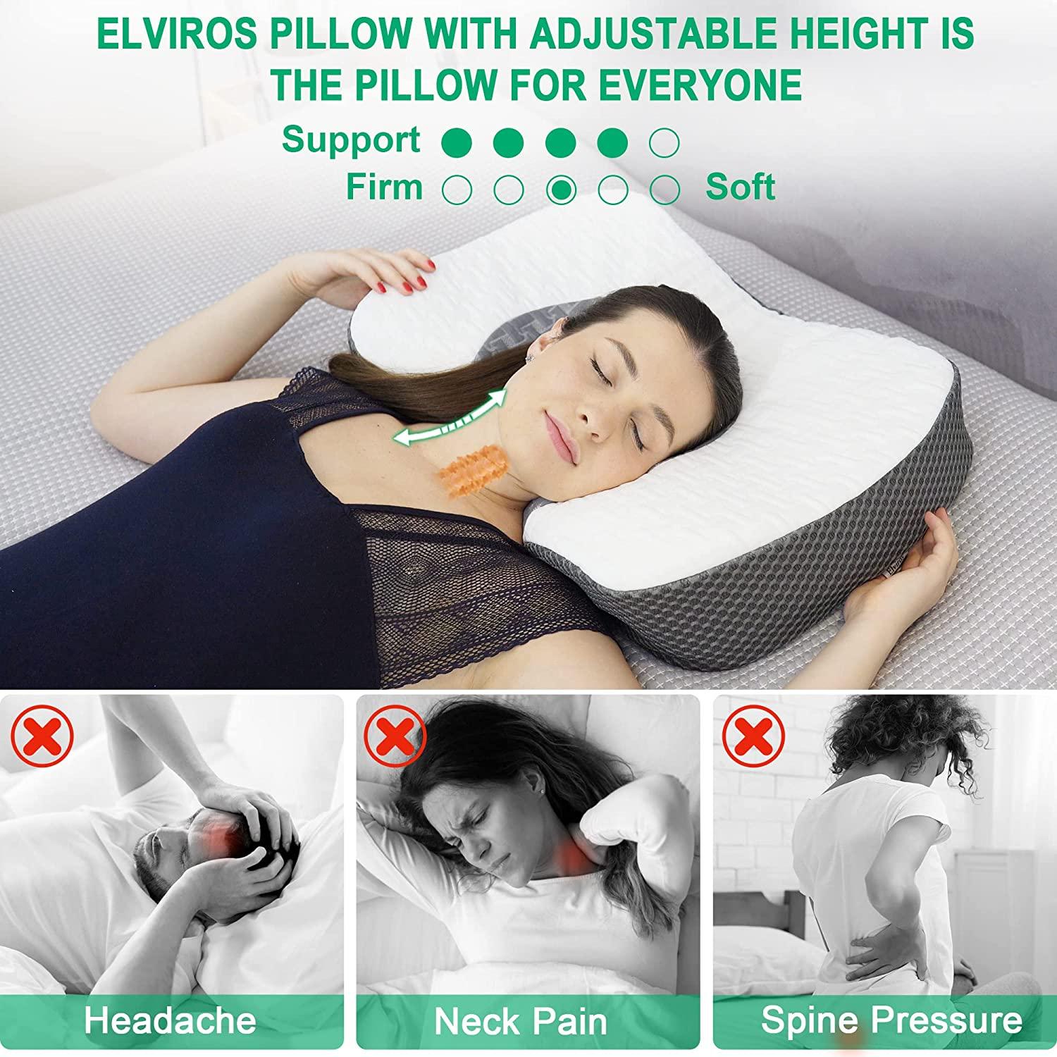 Elviros Cervical Memory Foam Neck Pillow for Side Sleeping, Contour  Orthopedic Pillows for Back and Stomach Sleepers, Adjustable Ergonomic Bed Pillow  Pain Relief, CertiPUR-US (Dark Grey) Dark Grey Queen Size 23.6*15.2*3.9/