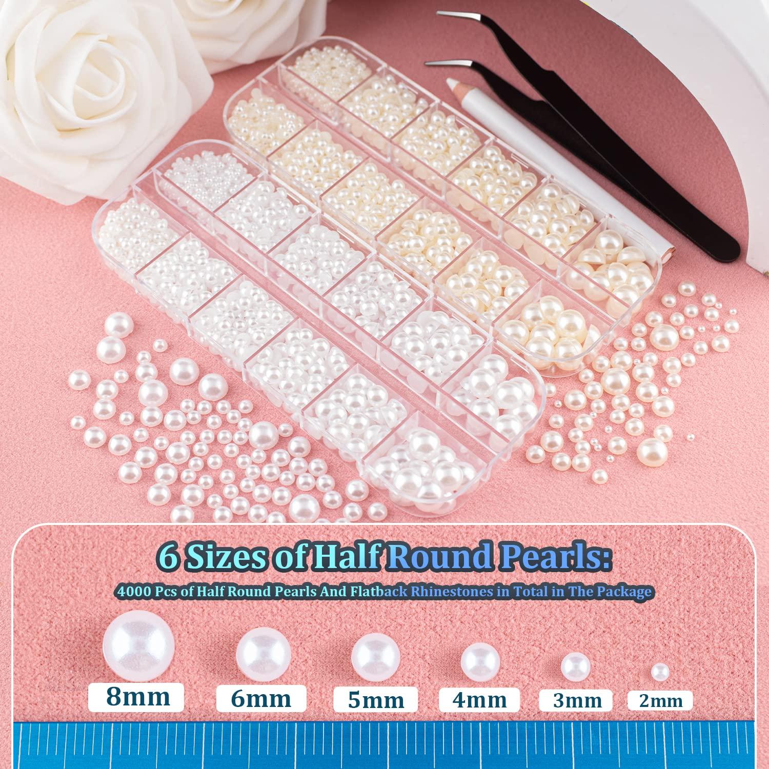 12900Pcs Half Pearl with Rhinestone Craft Glue, Flatback Pearls Beads White  AB Assorted Size 3/4/5/6/8/10mm Craft Pearls Round Rhinestones for Makeup