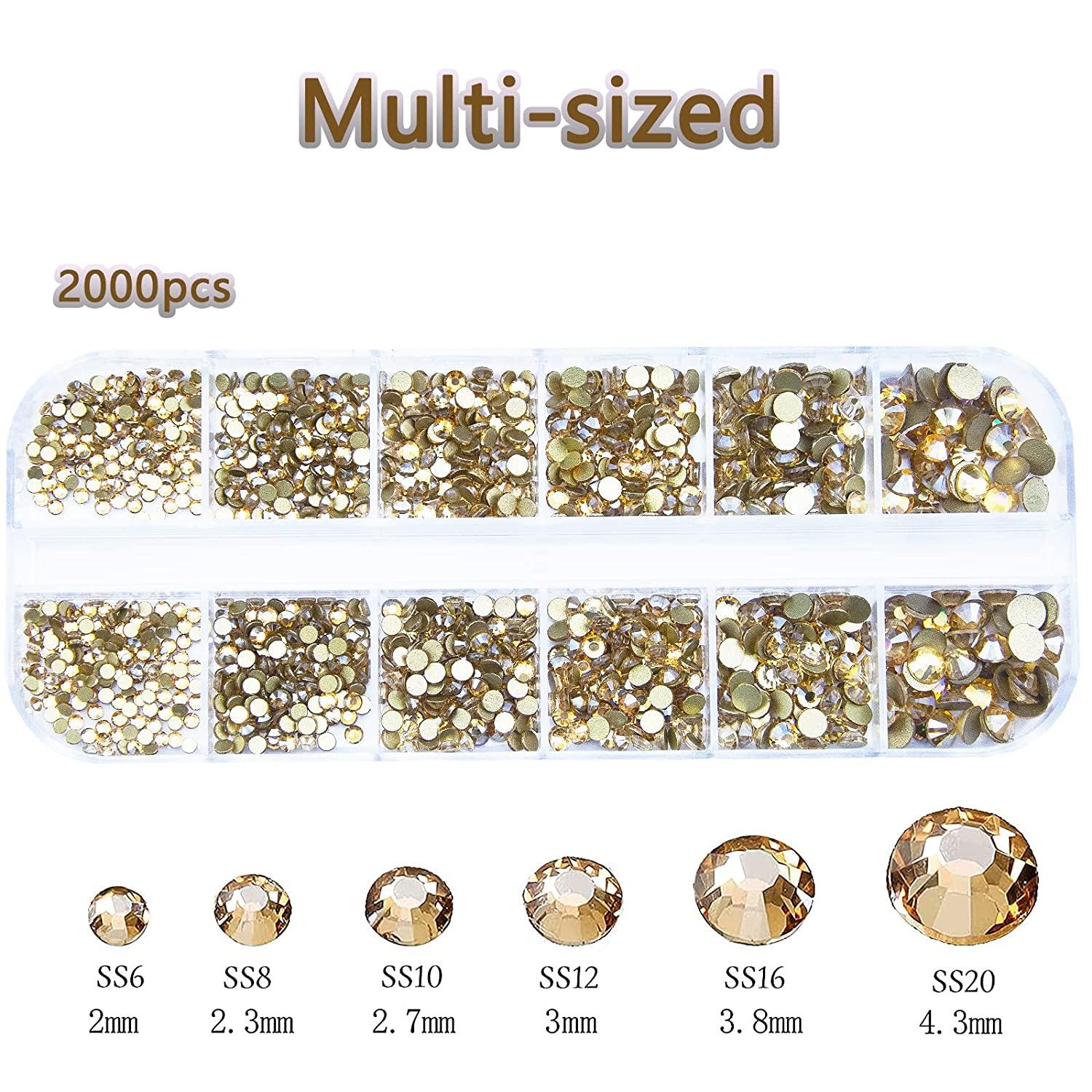 2120Pcs Champagne Gold Crystal Nail Rhinestones Round Beads Flatback Glass  Gems Stones Multi Shapes Sizes Gold