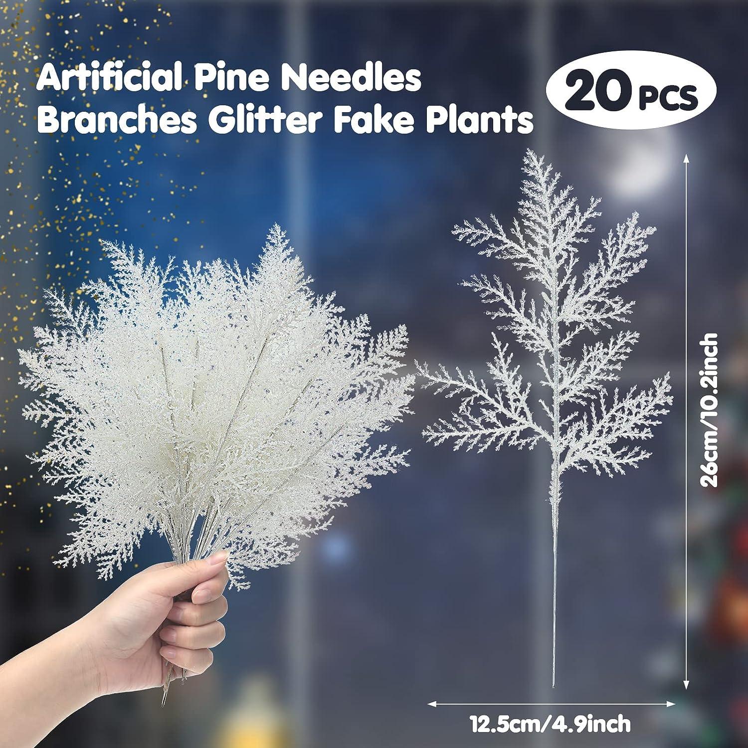 Artificial Pine Needles Christmas Floral Picks Branches Glitter Fake Floral  Twig Picks for Flower Greenery Arrangements Tree Home Wreaths Holiday Decor  (Glitter White 20 Pieces) Glitter White 20