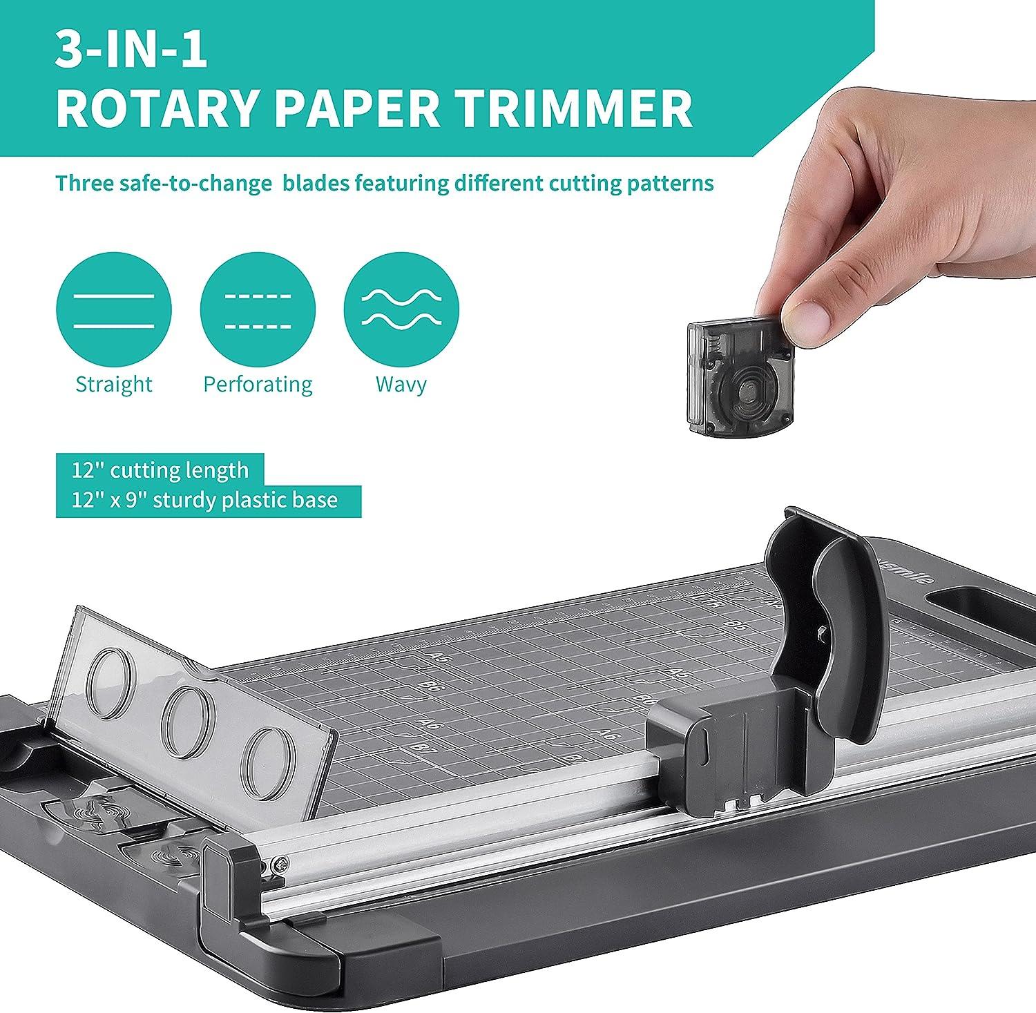 Rotary Paper Trimmer, 3-in-1 Paper Cutter, 12 inch Cutting Length, with Straight Cut/Perforating Cut/Wavy Cut, Enclosed Blades for Safe Use, Ideal