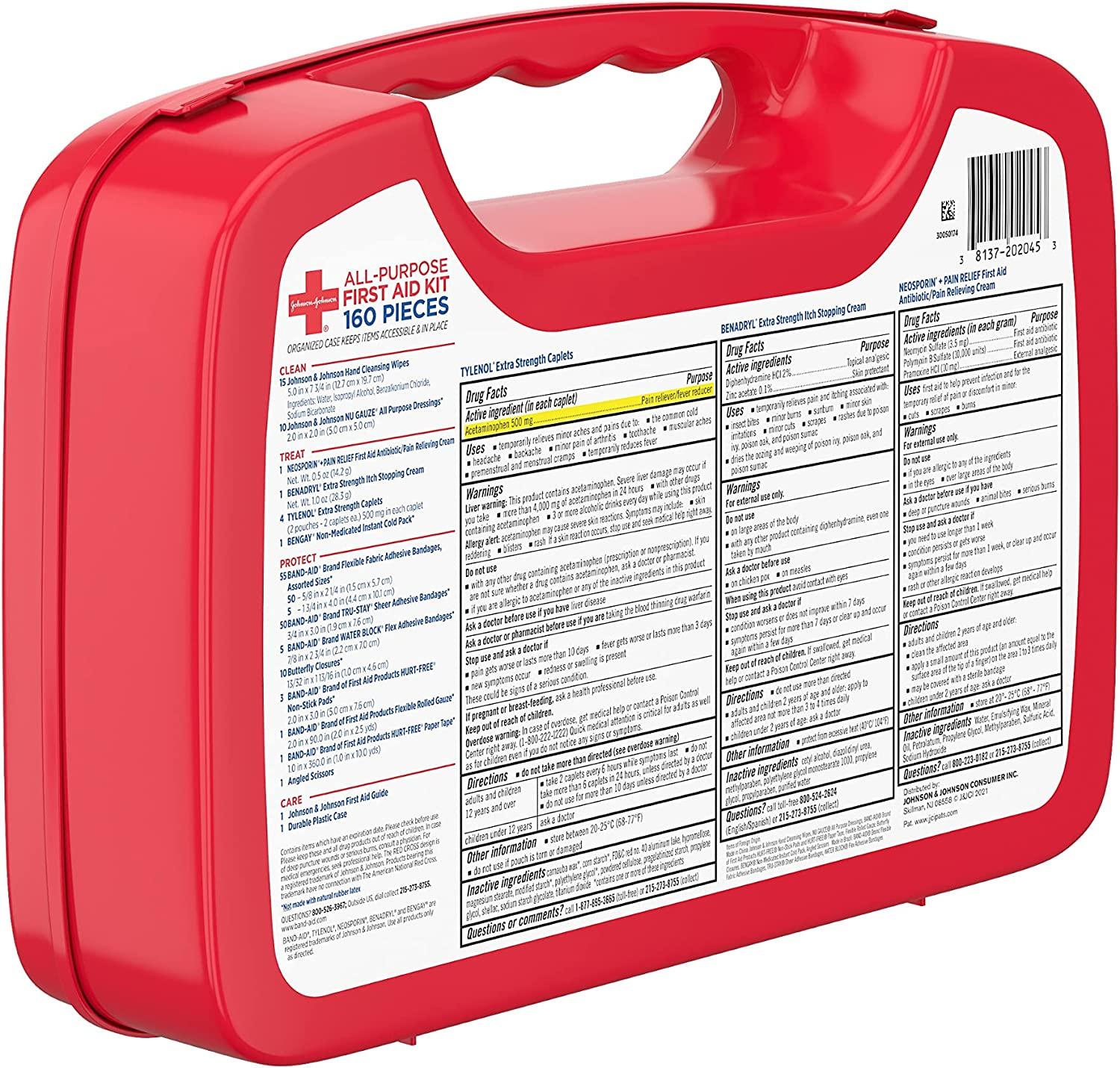 Johnson & Johnson All-Purpose Portable Compact Emergency First Aid Kit, 160  pc 160 Piece Set