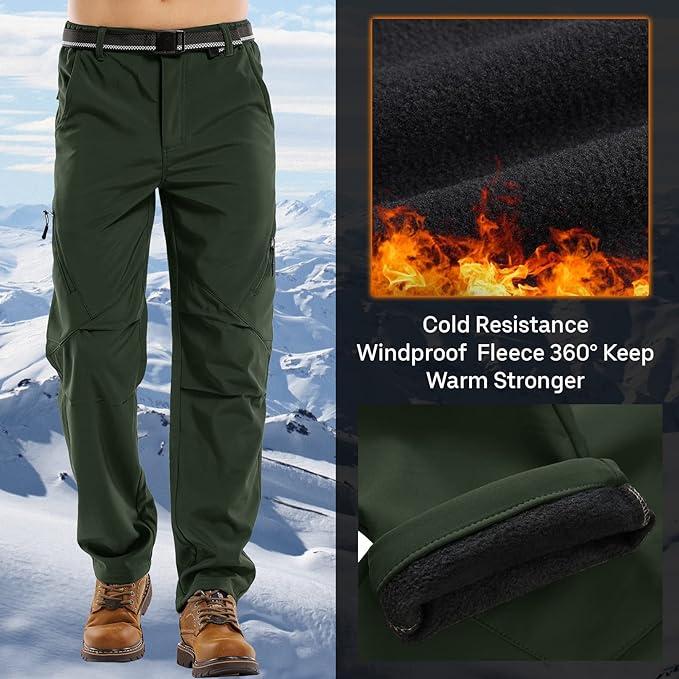 Men's Hiking Pants Water Resistant Softshell Pants Fleece Lined Winter Snow Ski  Pants with Zipper Pockets 