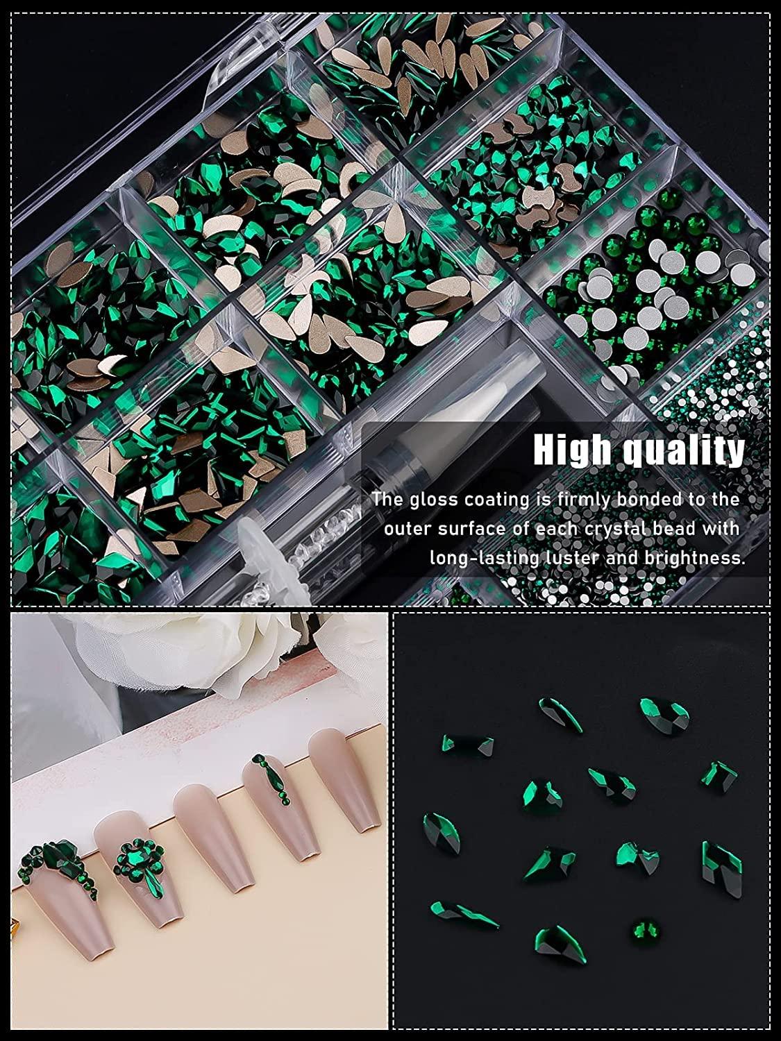 3100Pcs Green Rhinestones for Nail EBANKU 12 Types of 600 Nail Diamonds  +2500 Flat Rhinestones Kit Professional Mixed Shape AB Nail Gems Jewels  with