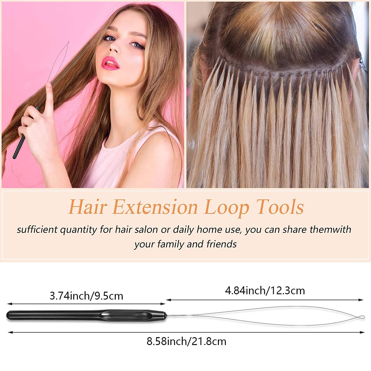 10 Pieces Hair Extension Loop Needle Threader Pulling Hook Tool and Bead  Device Tool Black Loop Threader for Hair or Feather Extensions (Black)