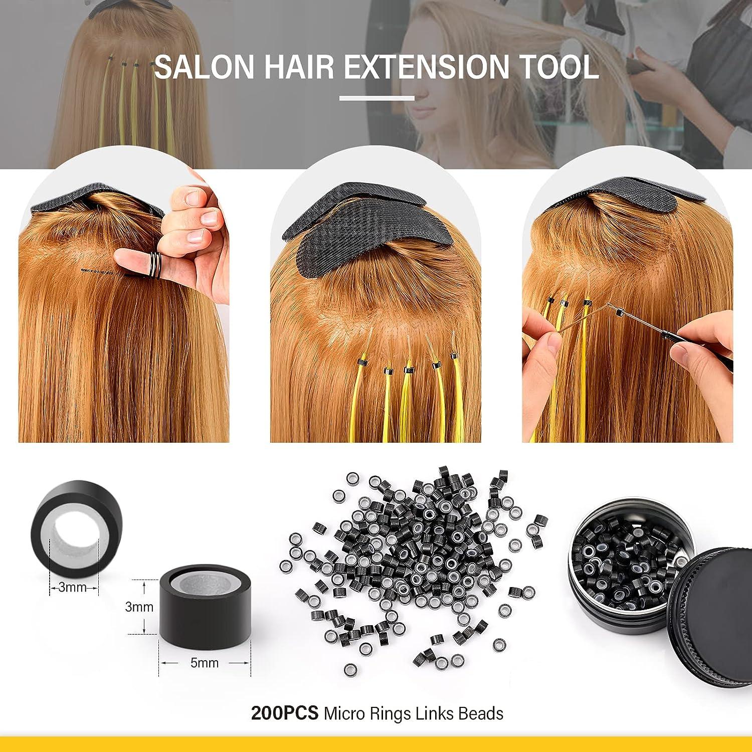 200pcs Black Hair Extensions Tools Kit Micro Rings Links Beads, 5mm  Silicone Lined Beads for Human Hair Extensions Tool-Multi-colored,Hair  Extension Link Ring Beads