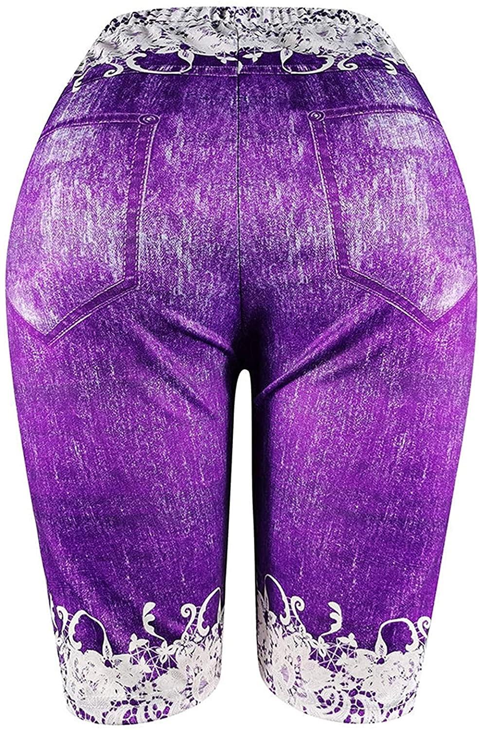 Women's Printed Legging Short Jeans Knee Length Butterfly Bermuda Short  Jeans High Waisted Fitness Short Denim Leggings (Purple,Large)