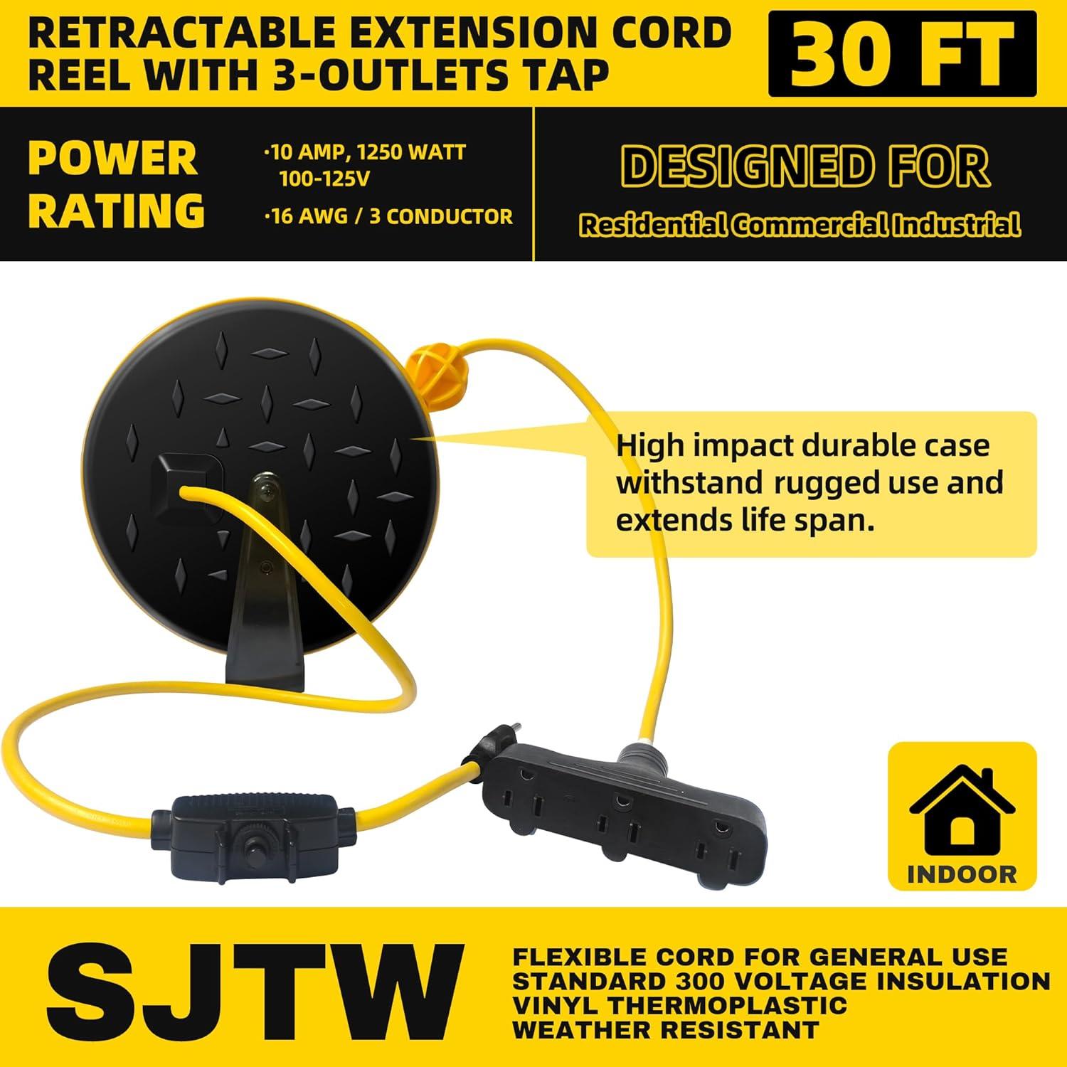 HONDERSON 30 Ft Retractable Extension Cord Reel with 3 Electrical