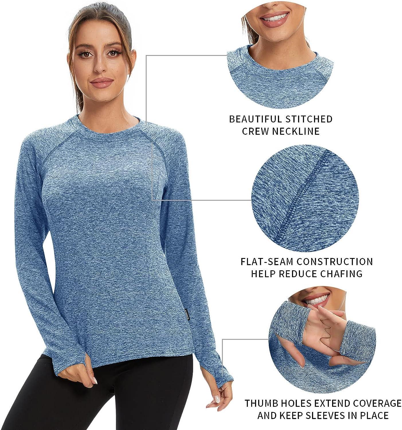 Soneven Women's Thermal Fleece Running Shirts Compression Shirts Quick Dry  Workout Pullover Tops with Thumb Holes Small Crew Neck-haze Blue
