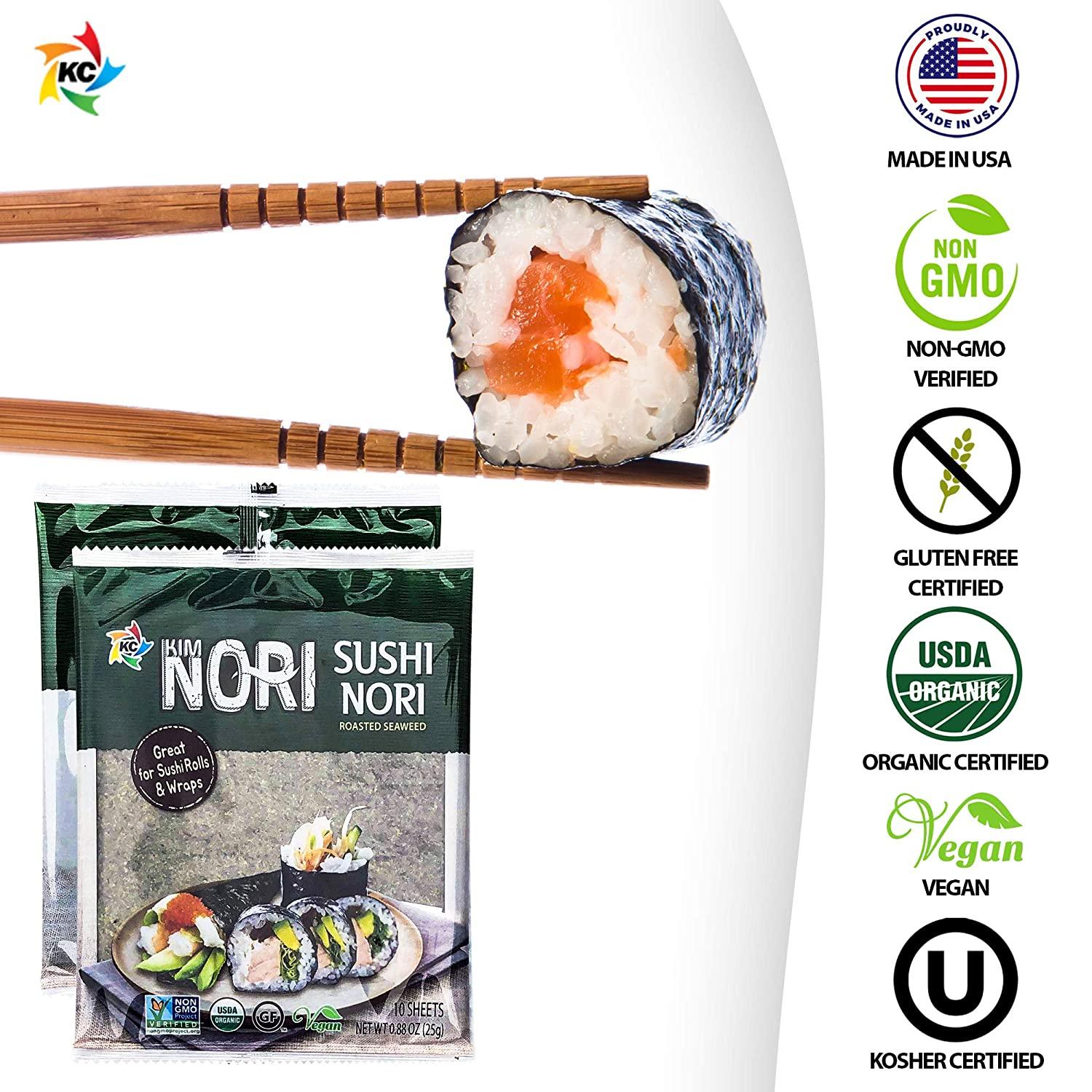 KIMNORI Sushi Nori Seaweed Sheets 10 Full Size USDA Organic Yaki Roasted  Rolls Wraps Snack 100% Natural Laver Gluten Free No MSG Non GMO Vegan  Kosher 25 Gram 0.88 Ounce 10 Count (Pack of 1)