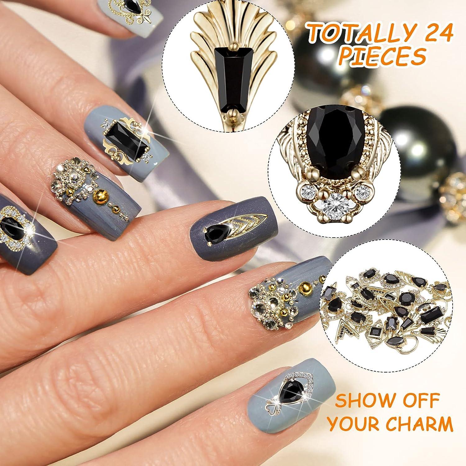 24 Pieces 3D Nail Charms Gold Luxury Black Rhinestones Nail Charms