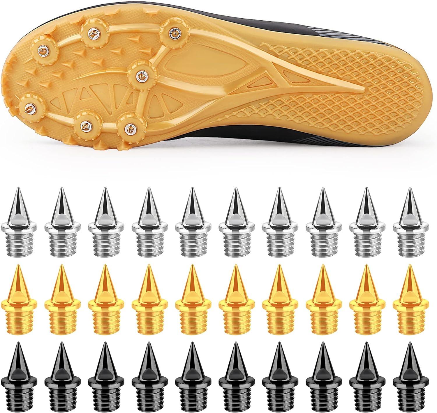 1/4 inch Track Spikes Pyramid, 120 Pieces Steel Spikes with Storage Box and  Small Wrench, Gold, Silver and Black Mixed Spikes for Youth Track Athletes