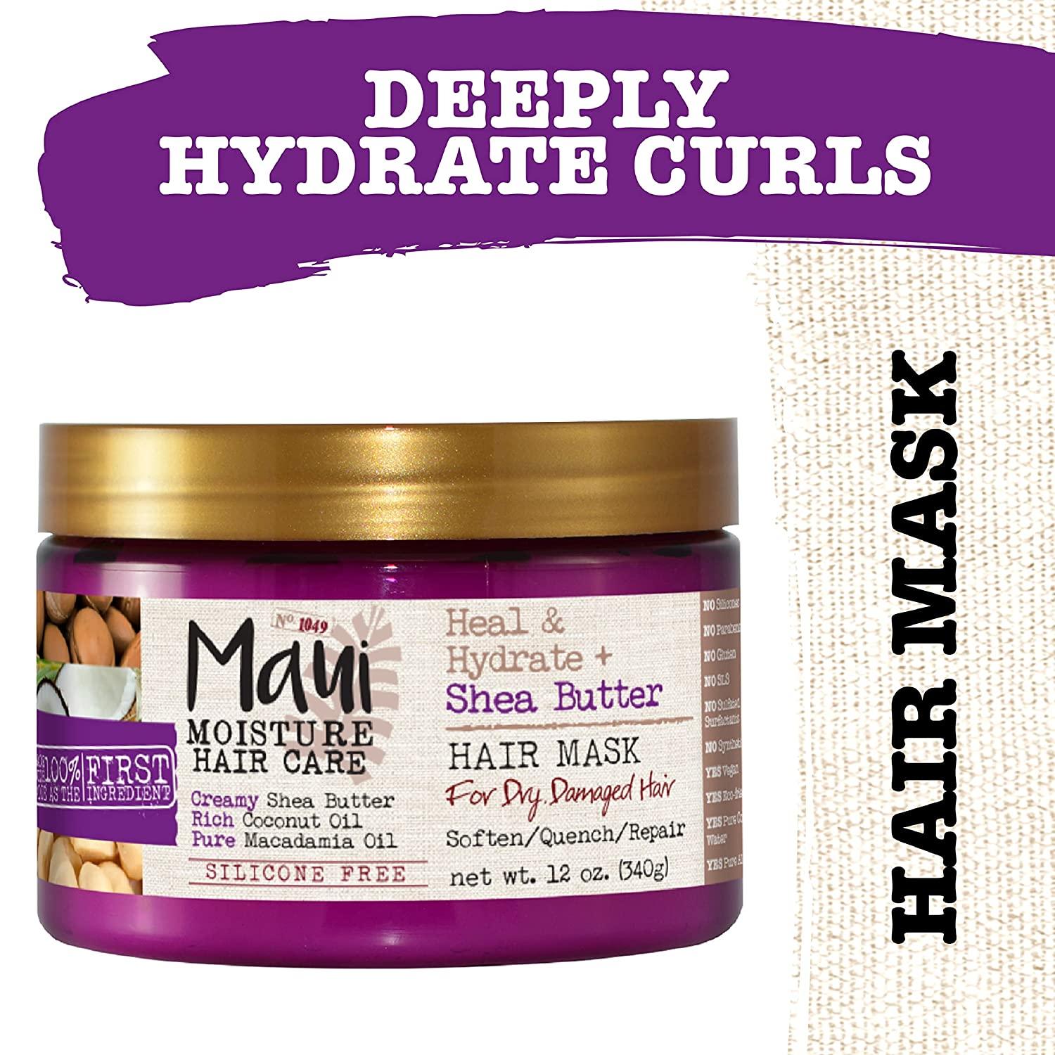Maui Moisture Heal & Hydrate Shea Butter Hair Mask & Leave-In Conditioner Treatment to Deeply Nourish Curls & Help Repair Split Ends, Silicone, Paraben & Sulfate-Free, 12 oz