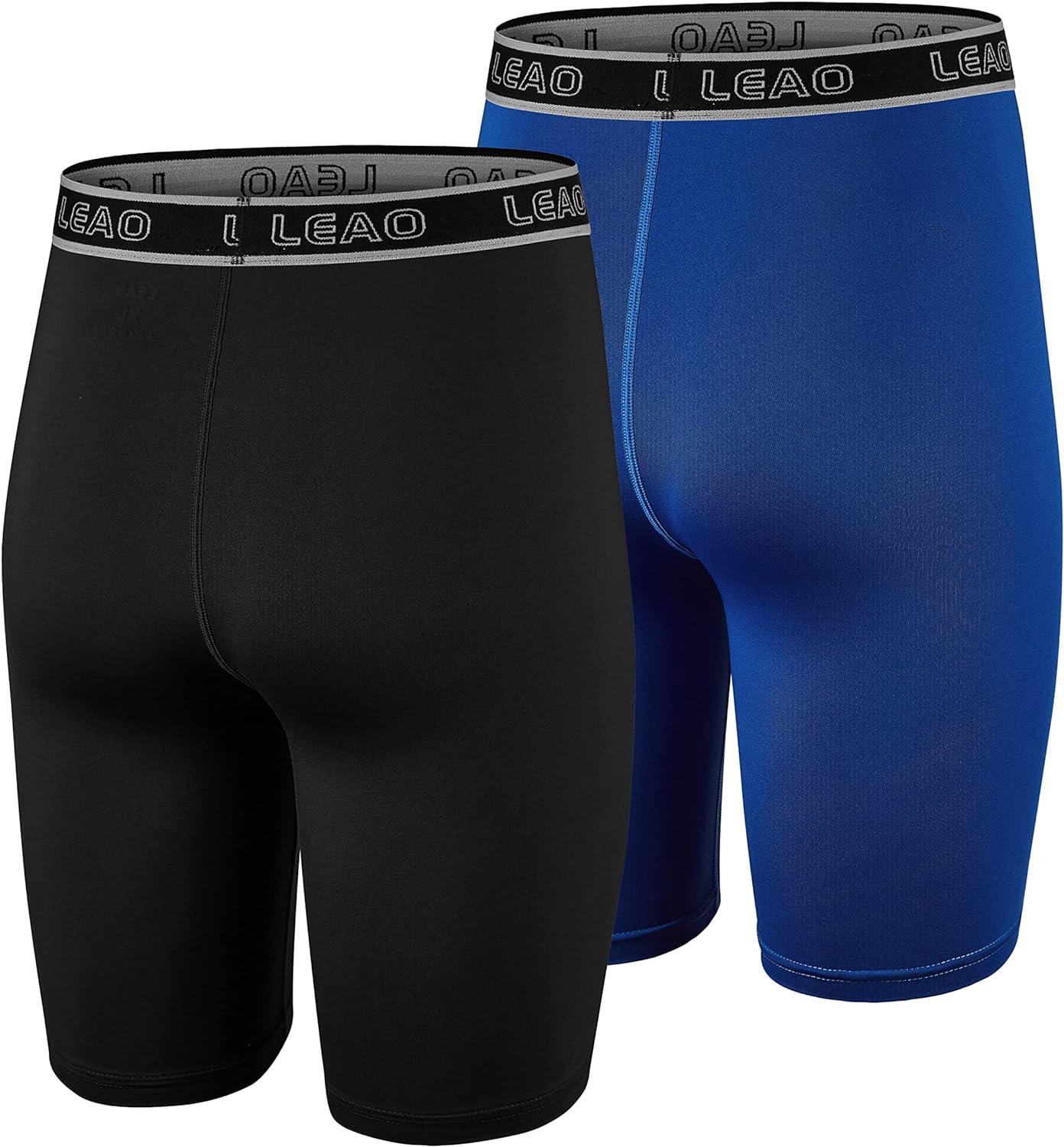 LEAO Youth Boys Compression Shorts 2-pack Performance Athletic Underwear  Sports Boxer Briefs Black/Royal Blue Large