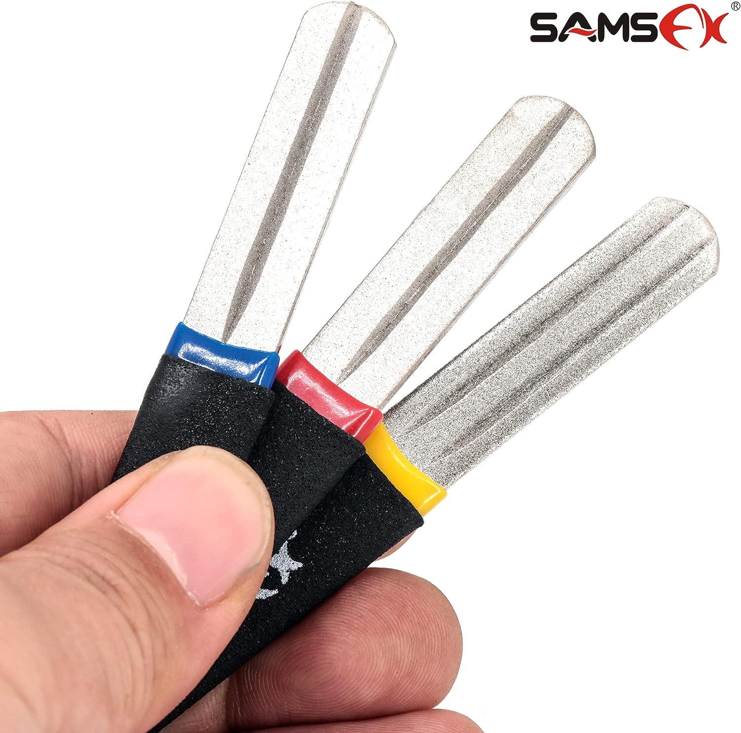 SAMSFX Fishing Hook Sharpener Hook Diamond File Portable Grinding Tool,  Double Sided Diamond Grit, Assorted Colors, 4inch Blue & Black Handle