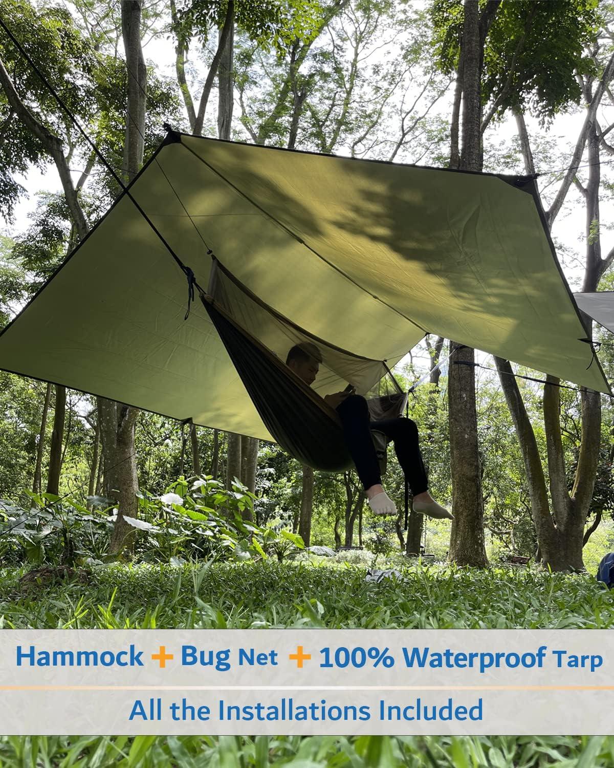 Easy tree straps with clips for tarp hanging.