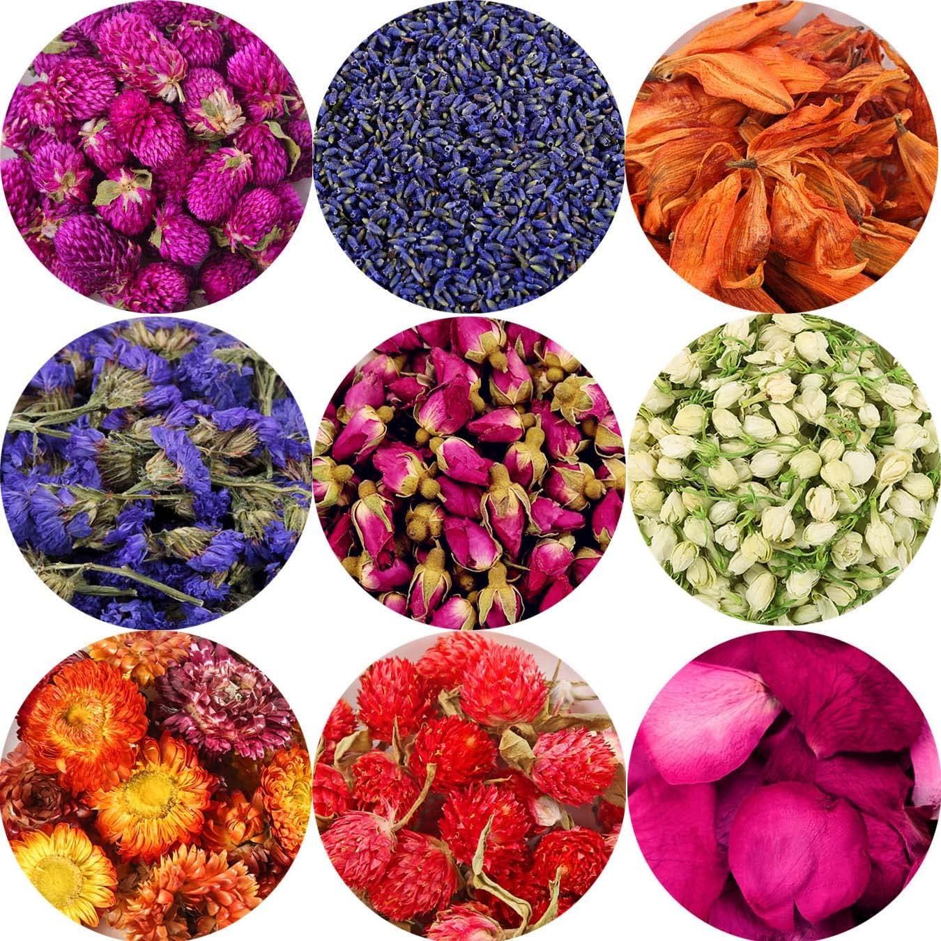9 Bags Dried Flowers,100% Natural Dried Flowers Herbs Kit for Soap Making,  DIY Candle Making,Bath - Include Rose Petals,Lavender,Don't Forget