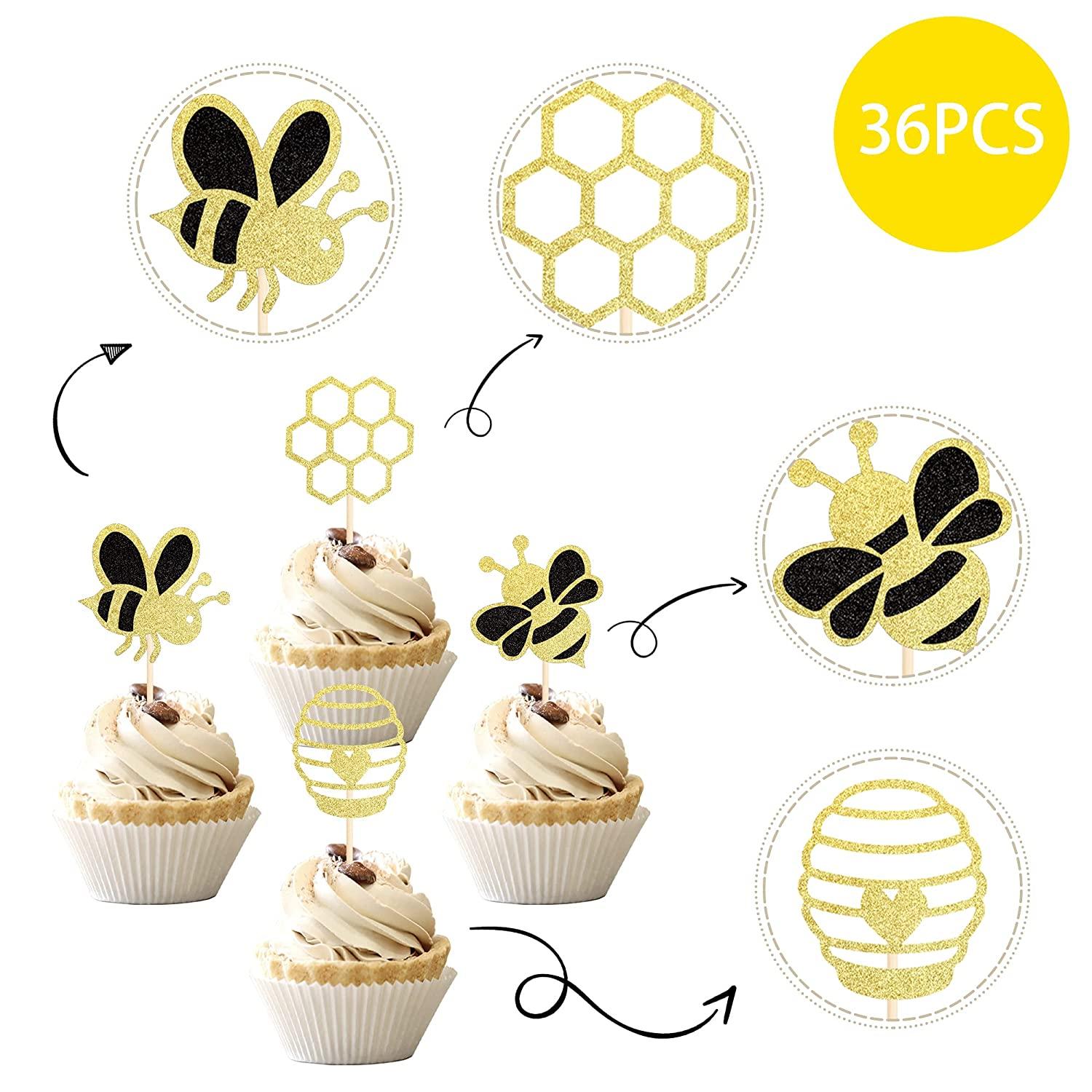 50 Pack Bee Cupcake Toppers Glitter Bumble Bee Cupcake Toppers for Bumble Bee Gender Reveal Baby Shower Birthday Party Decor