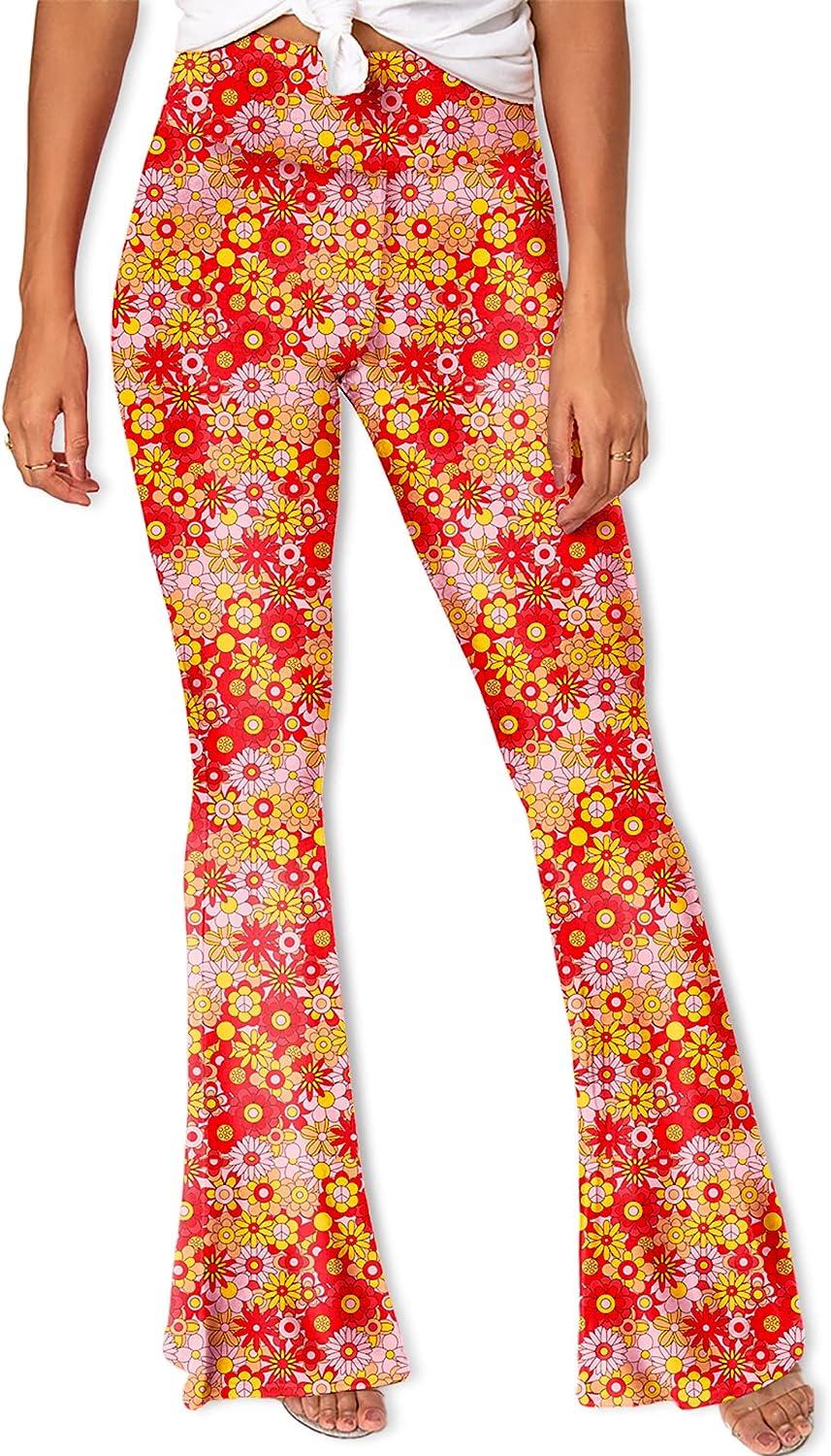 Deerose Women's High Waist Stretch Bell Bottom Print Flare Hippie Pants  Medium Orange Floral