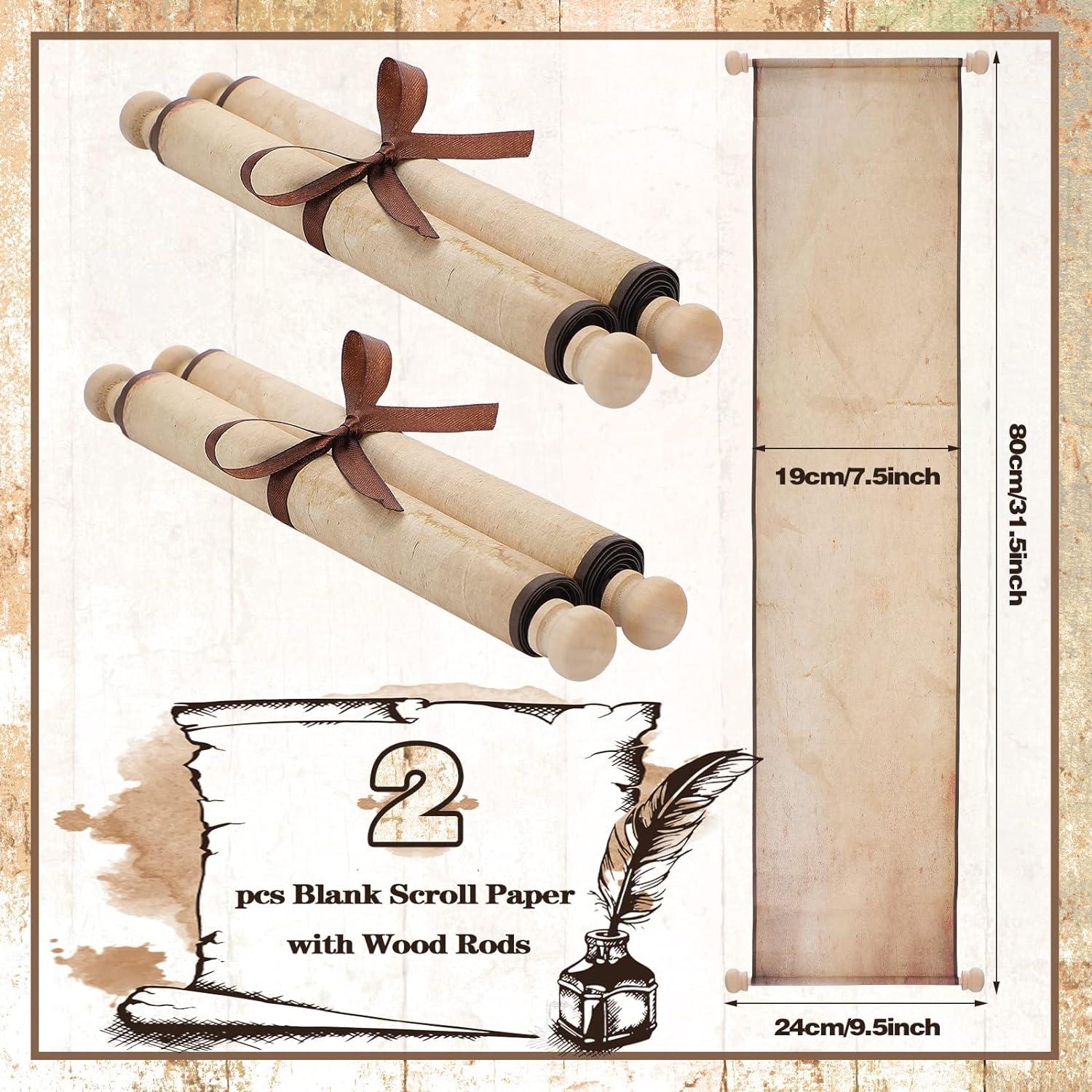 2 Pack Blank Paper Scrolls 7.5 x 31 Inches Scroll Paper Wrapped on Wood Rod  for Writing, Drawing, Calligraphy, Wedding Vows, Invitation, Renaissance