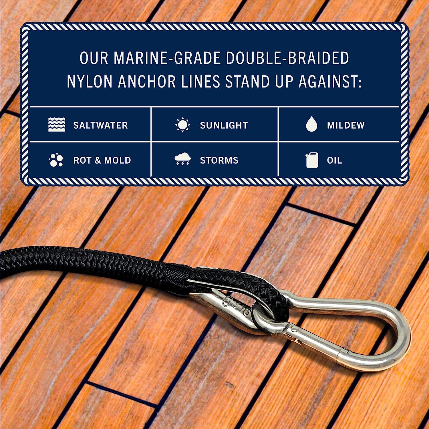 Rainier Supply Co. Boat Anchor Line - 100 ft x 3/8 inch Anchor Rope -  Double Braided Nylon Anchor Boat Rope with 316SS Thimble and Heavy Duty  Marine Grade Snap Hook 