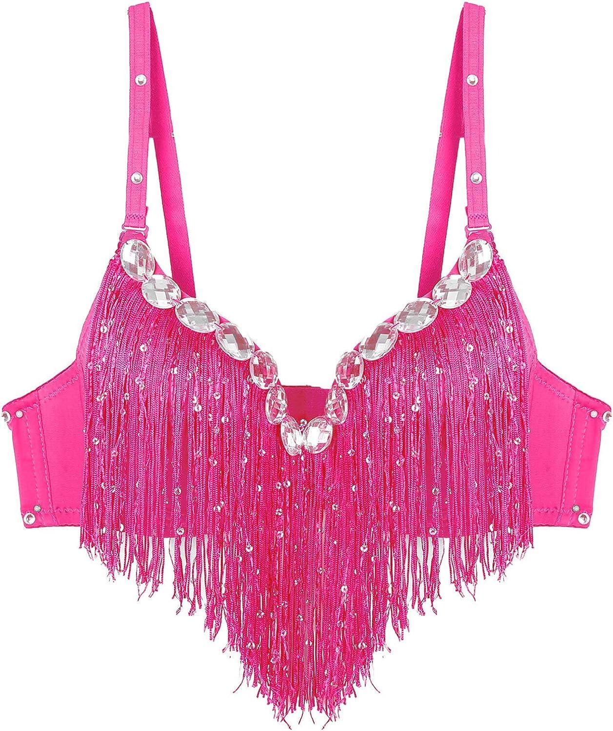 LiiYii Women's Belly Dance Push-Up Bra Latin Sequins Tassel Brassiere Tops  Shirts Stage Performance Costume Hot Pink One Size