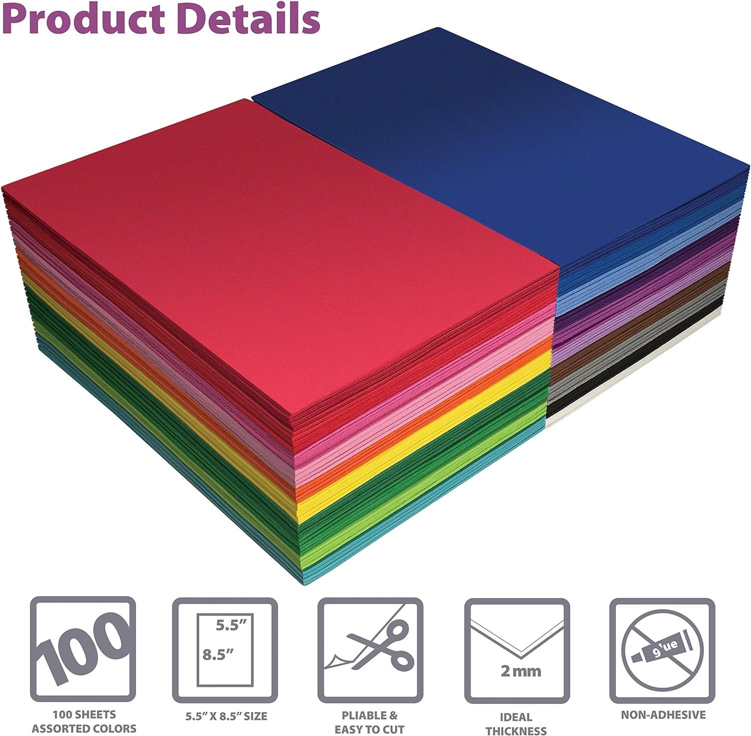 100 Pack EVA Foam Sheets, 5.5 x 8.5 Inch, Assorted Colors (20 Colors), 2mm  Thick, by Better Office Products, for Arts and Crafts, 100 Sheets