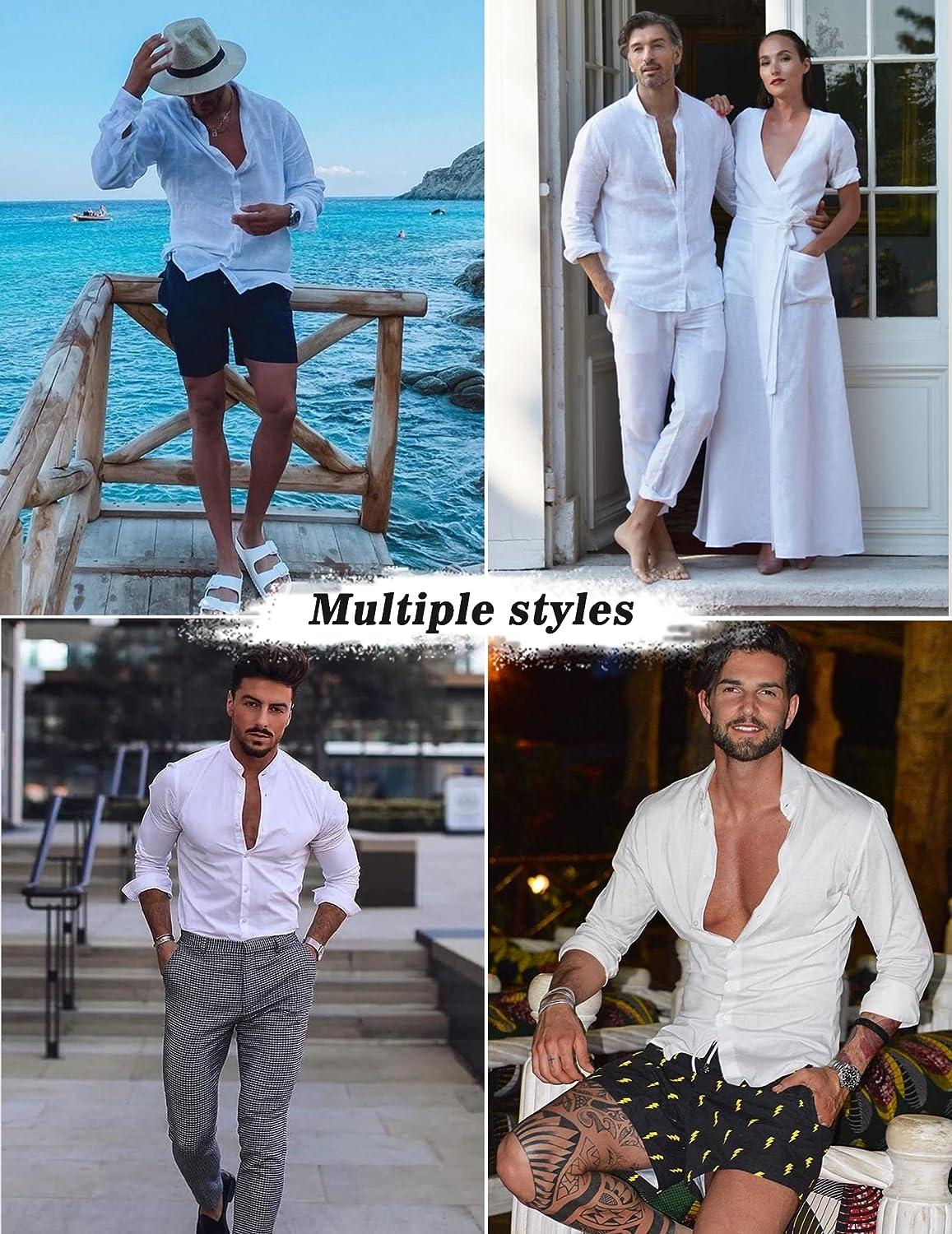 Cotton Linen Beach Shirts: Men's Casual Button Down Long Sleeve Loose Fit  Dress Shirt with Pocket Tops Khaki