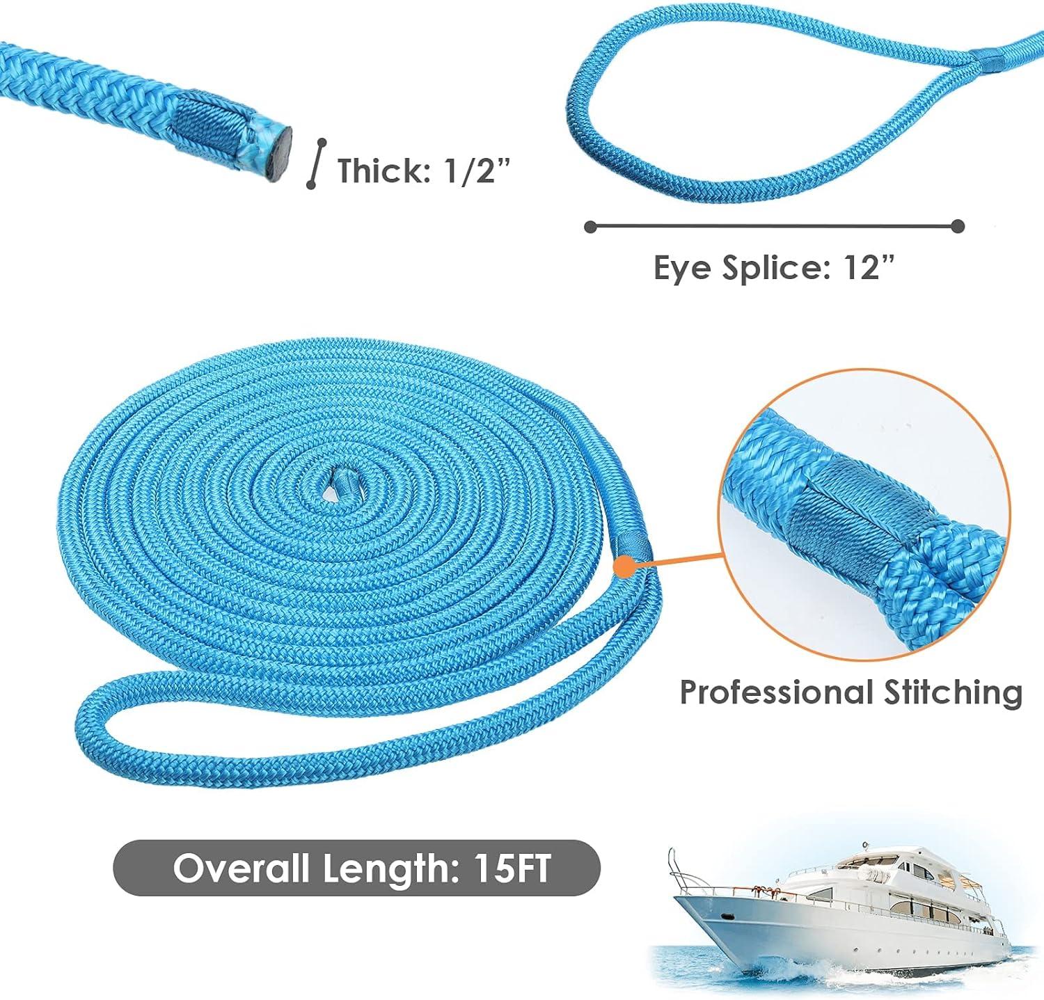 SearQing Dock Lines Marine Grade 4-Pack 1/2 x 15' Double Braid Nylon  Mooring Ropes with 12 Eyelet for Kayak Pontoon Boats Working Load Limit:  960 lbs./Breaking Strength: 7 200 lbs 1/2 x
