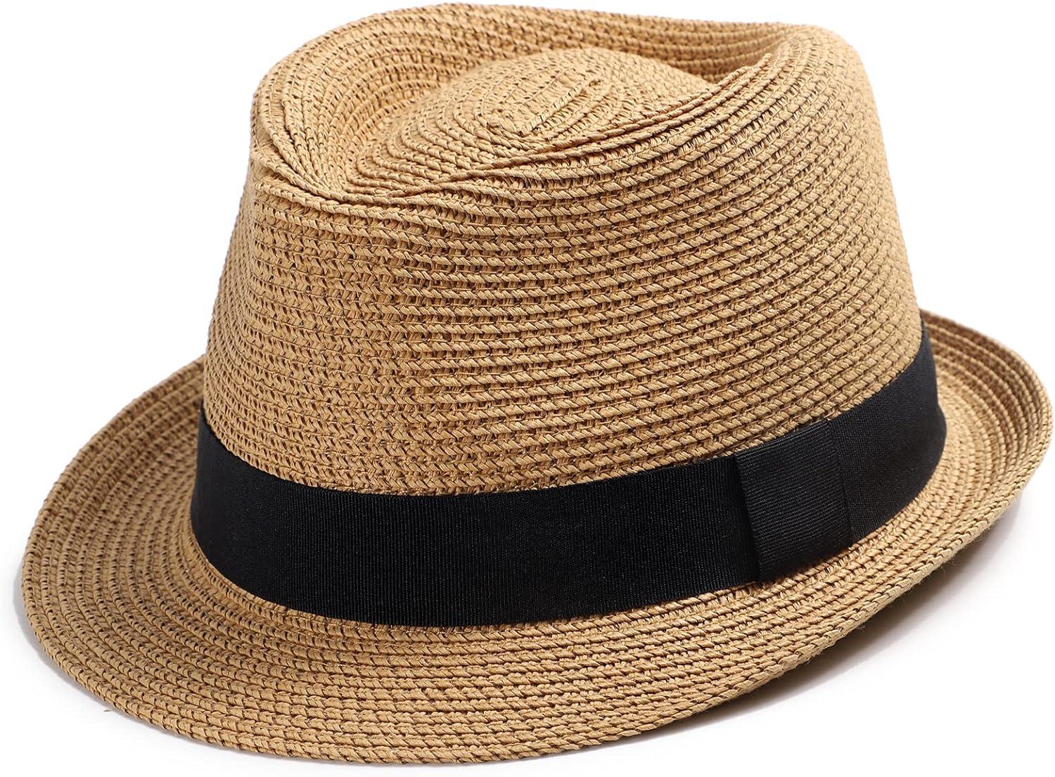 Womens Short Brim Straw Sun Hat Fedora Trilby Hat Panama Men Roll Up  Packable Beach Hats One Size Khaki