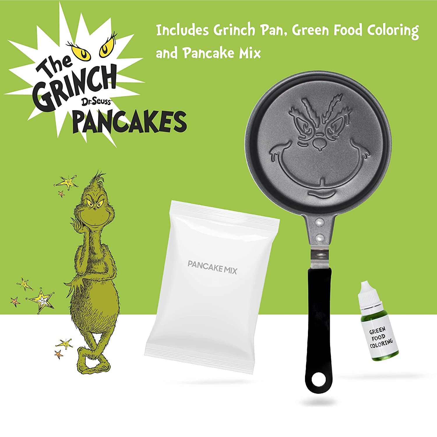 Dr. Seuss The Grinch Holiday round pancake pan with pancake mix and .03 oz  of Green Coloring Included in box 