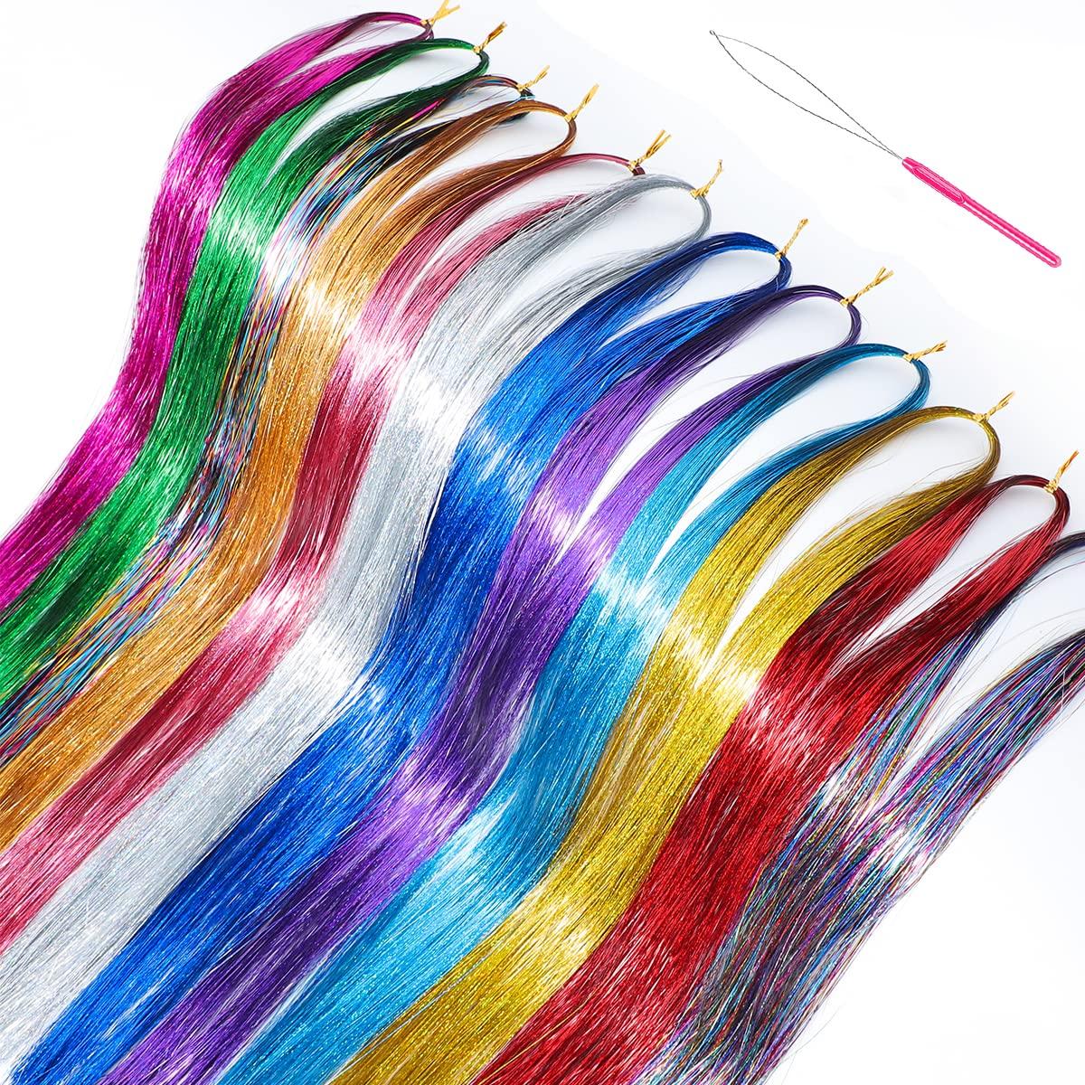 Hair Tinsel Kit Strands With Tool 48 Inch 12 Colors 2100 Strands Fairy Tinsel  Hair Extensions Sparkling Shiny Silver/gold/pink Hair Tinsel Heat Resistant  Silk Holographic Hair Tinsel (2100 Strands)