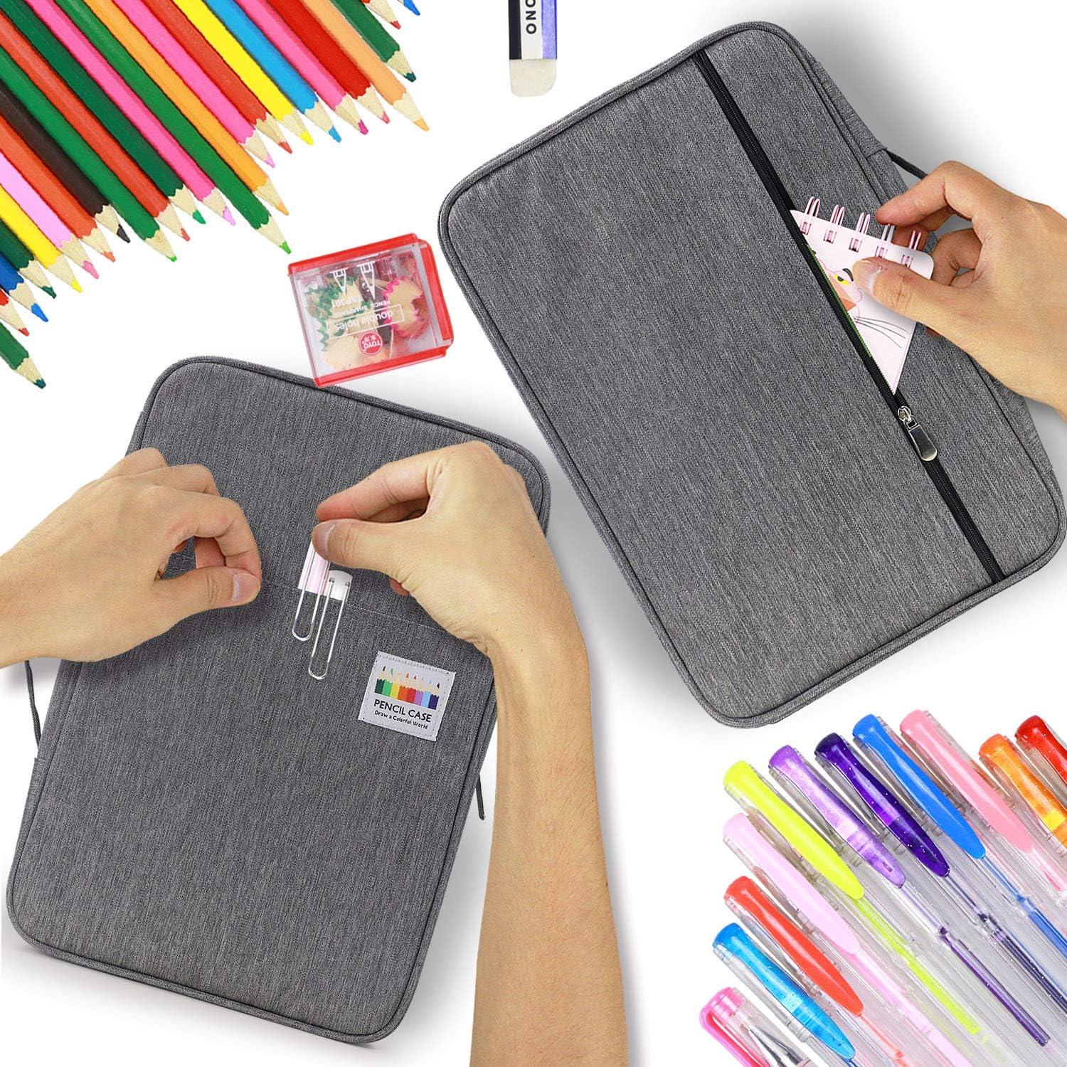 Colored Pencil Case 200 Slots Pen Pencil Bag Organizer with Handle Strap  Portable- Multilayer Holder for Colored Pencils & Gel Pen - Grey 