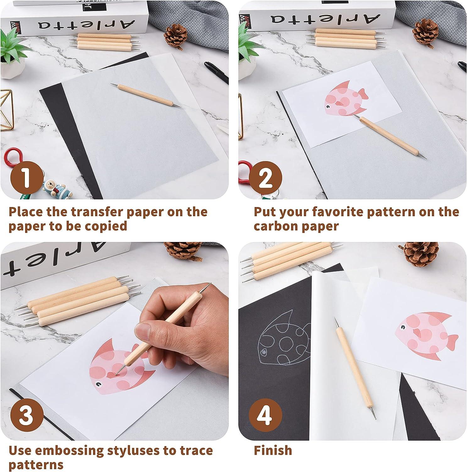 50 Sheets Carbon Paper Graphite Paper White Carbon Transfer (8.5 x 11.5  inch) Tracing Papers with 5 PCS Embossing Styluses Dotting Tools for Wood  Paper Canvas Craft White-50