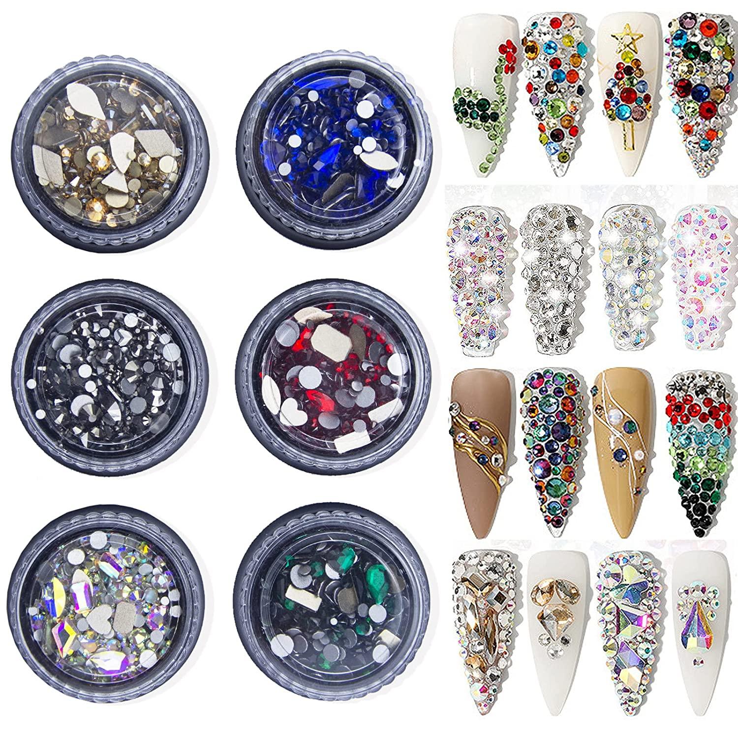 6 Boxes AB Blue Red Green Gold Black Rhinestones for Nails Mixed