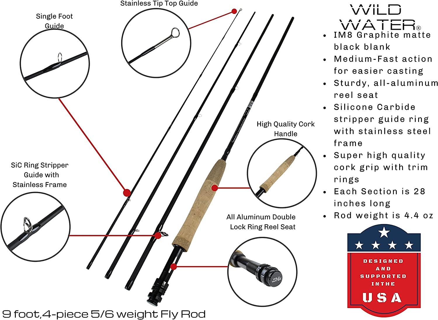 Wild Water Standard Fly Fishing Combo Starter Kit 5 or 6 Weight 9 Foot Fly  Rod 4-Piece Graphite Rod with Cork Handle Accessories Die Cast Aluminum Reel  Carrying Case Fly Box Case Fishing Flies