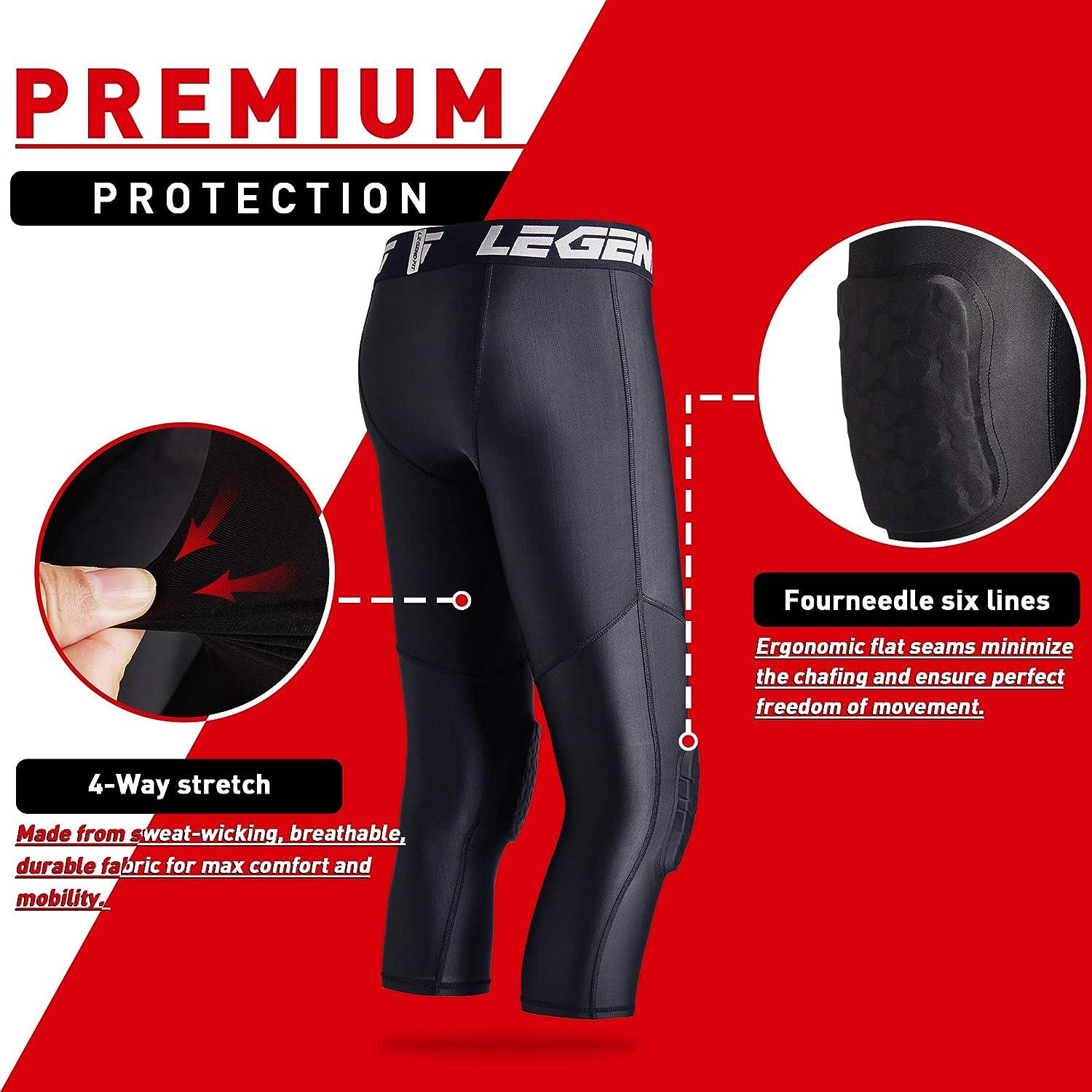 Sports Pants with Knee Pads 3/4 Compression Black Leggings Tights Mens Boys  Youth Pants Football Quick Dry Workout Leggings