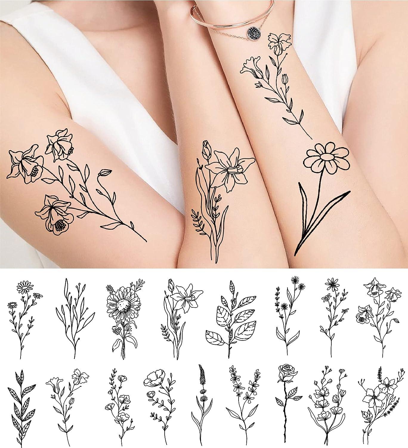 15 Sheets FANRUI Tiny Branch Black Flower Temporary Tattoos For Women Girl  Floral Bouquet Small Tattoo Temporary Wild Plant Lavender Sweet Pea  Larkspur Fake Tatoo Adults Face Hands Kids Kit Sticker