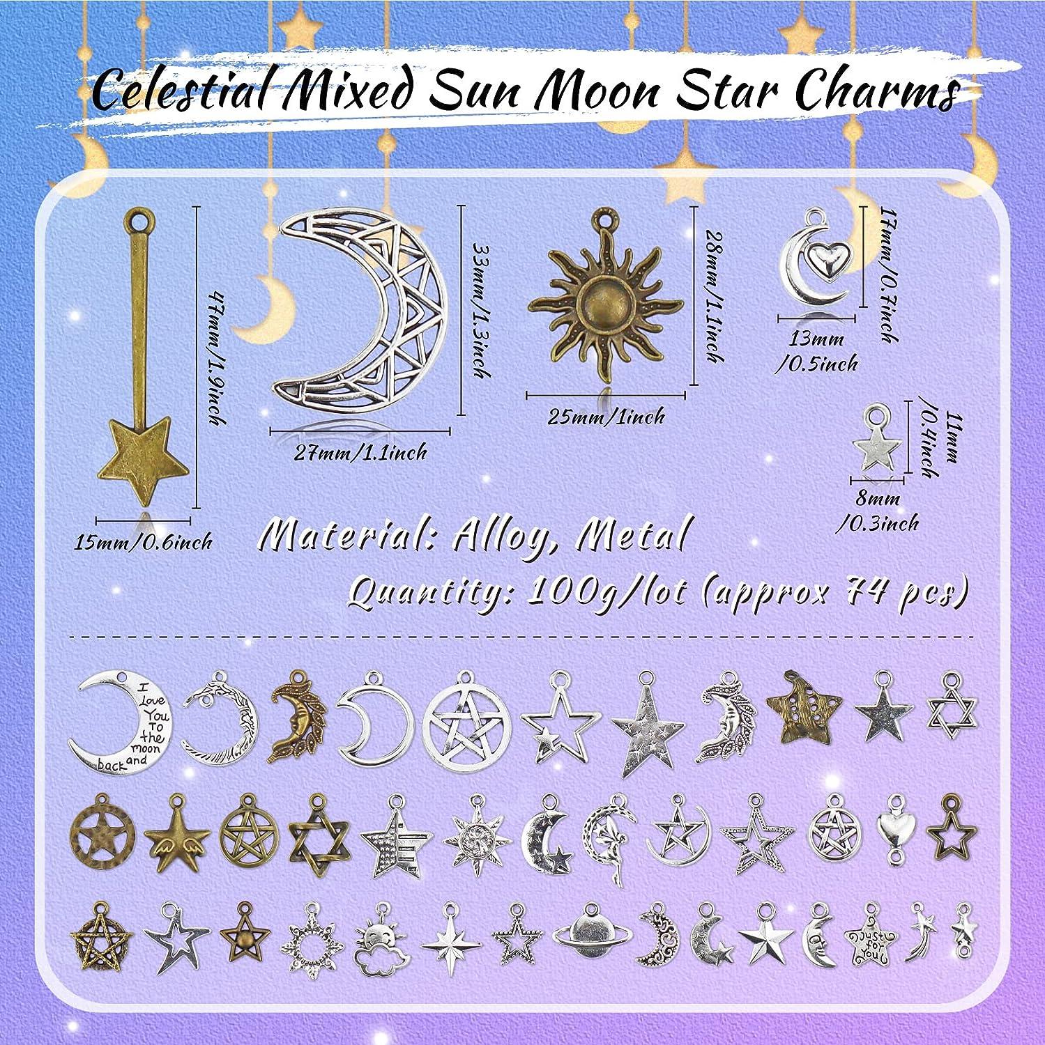 Celestial Mixed Sun Moon Star Charms, JIALEEY Wholesale Bulk Lots Antique Alloy Charms Pendants DIY for Necklace Bracelet Jewelry Making and Crafting