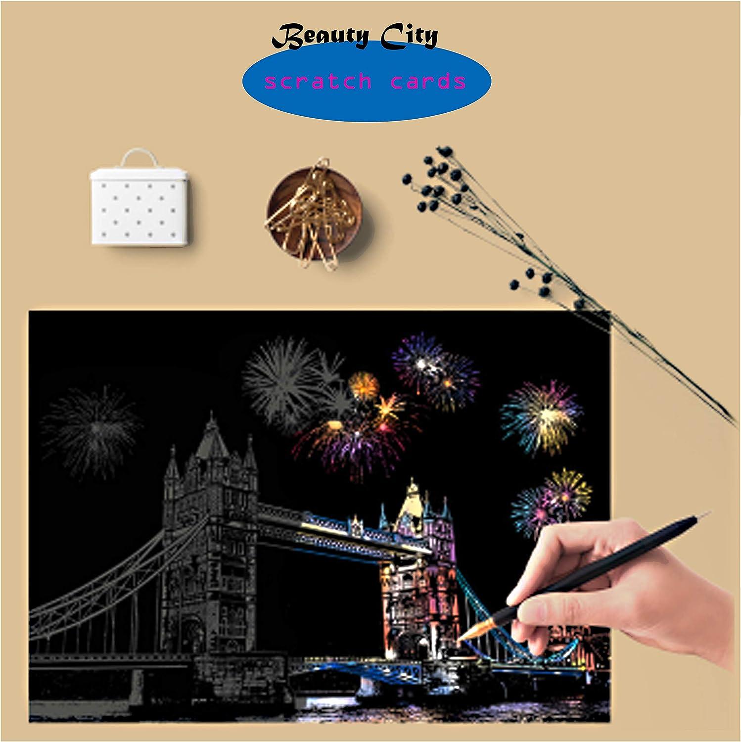 Niewalda Scratch Painting &Scratch Cards A4 for Kids & Adults, 8pcs Scratch  Art for Adults Rainbow Scratch Paper, Engraving Art Set- (Beautiful City)  Fireworks City