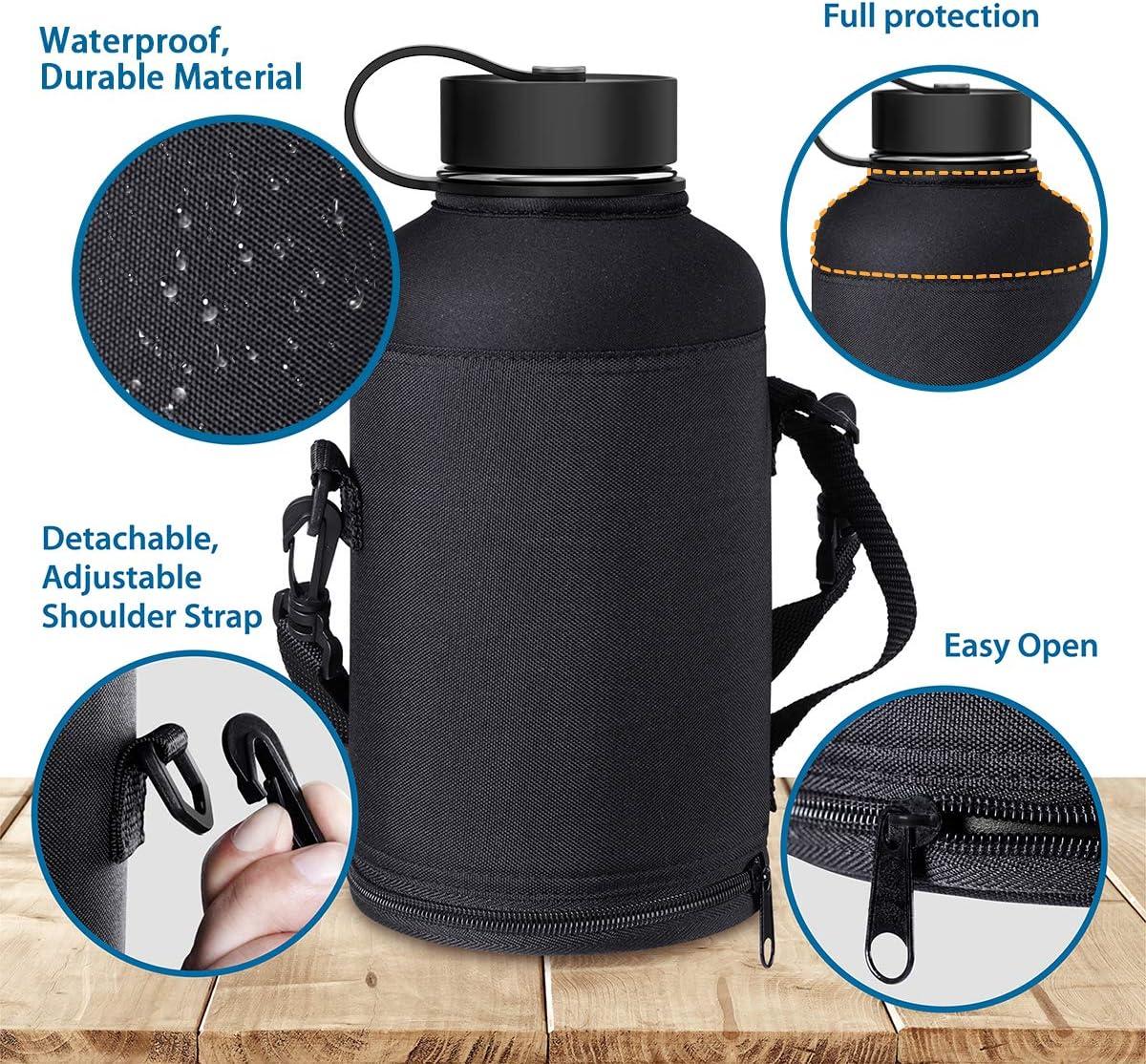BUZIO Sports Water Bottle, One Gallon Insulated Water Bottle with Handle,  Black Double-Walled Vacuum Stainless Steel Water Bottle with Wide Mouth and