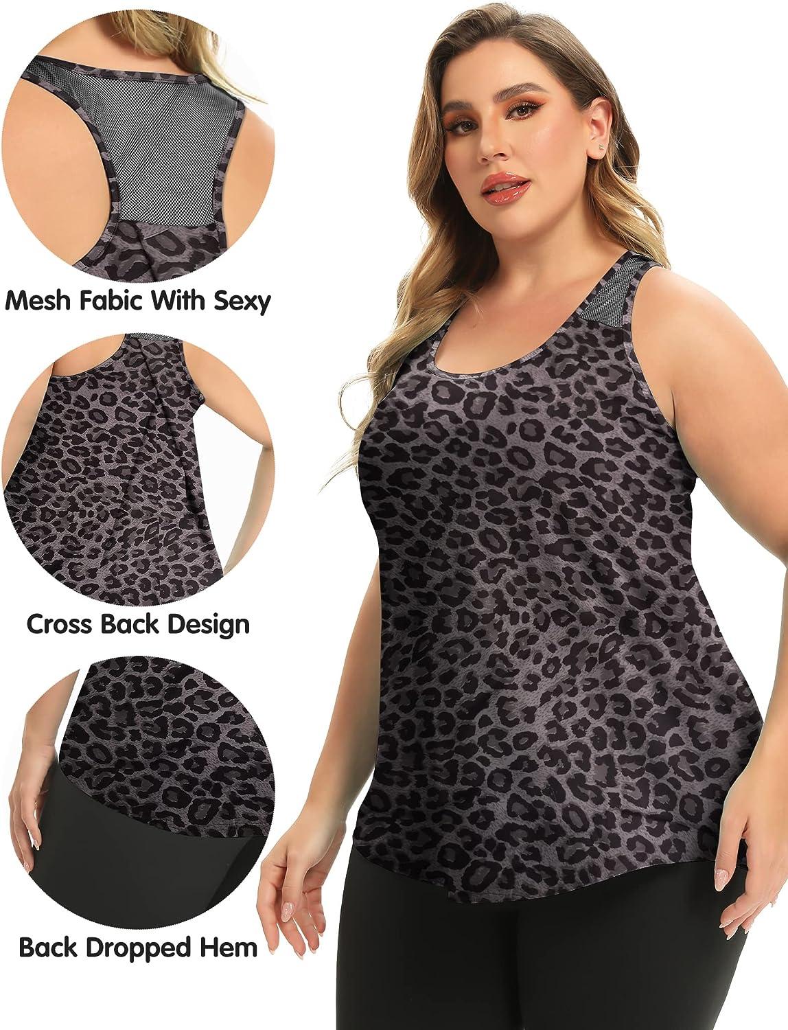 Women's Plus Size Workout Tank Tops Racerback Loose Fit Sport Athletic Tops  Yoga Running Summer Shirts Bb_grey Leopard 3X-Large Plus