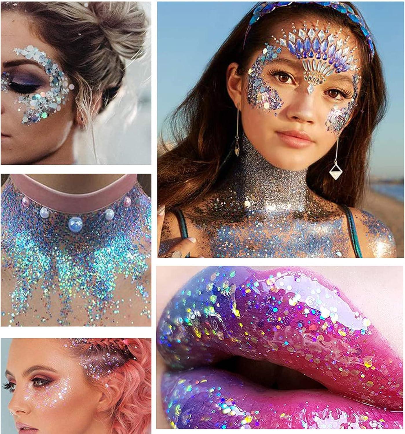 Yeweian White Face Body Glitter Gel Liquid Holographic Chunky Glitter  Singer Concerts Music Festival Rave Accessories Mermaid Lip Eye Nails Hair Body  Glitter Makeup 50g (06 White) 06White